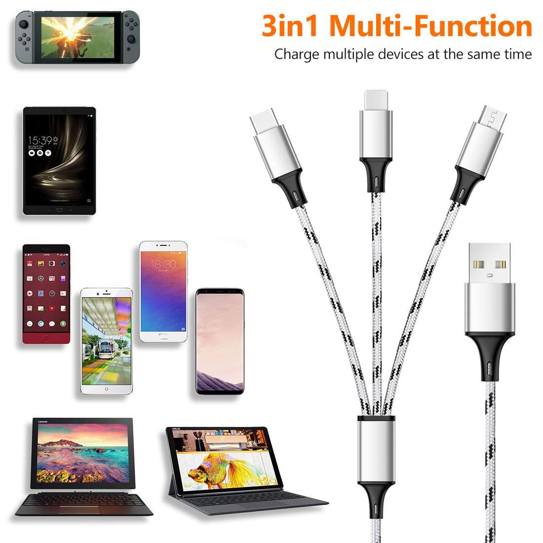 Multi Charging Cable, 5ft 3Pack Multi Charger Cable Nylon Braided Multiple USB Universal 3 in 1 Charging Cord Adapter with Type-C, Micro USB Port Connectors for Cell Phones and More - Image 4