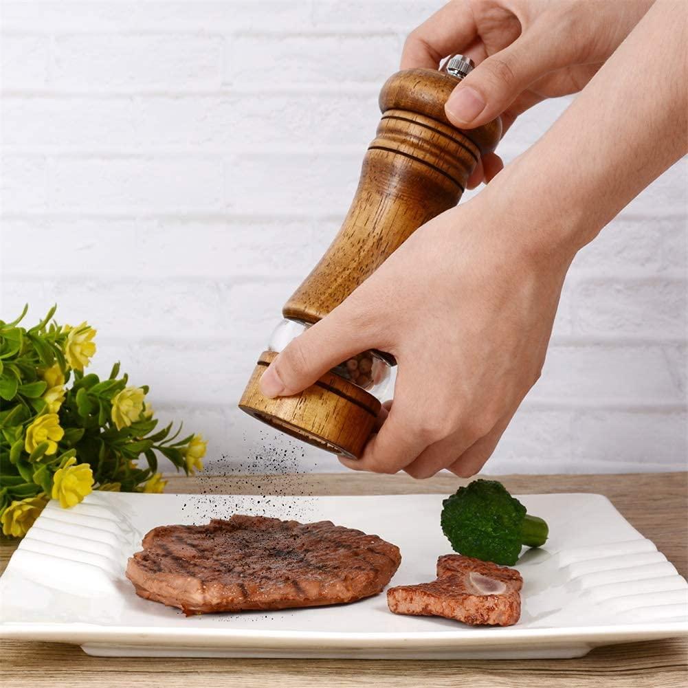 Haomacro Wood Salt and Pepper Grinder Set, Manual Mills with Acrylic Window, Adjustable Ceramic Grinding - 6.5inch, 2 Pack - Image 4