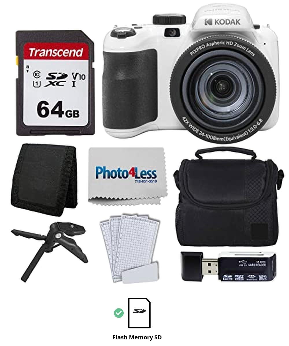 Kodak PIXPRO AZ425 Digital Camera + 64GB Memory Card + Camera Case (Black) + USB Card Reader + Table Tripod + Accessories (White) - Image 3