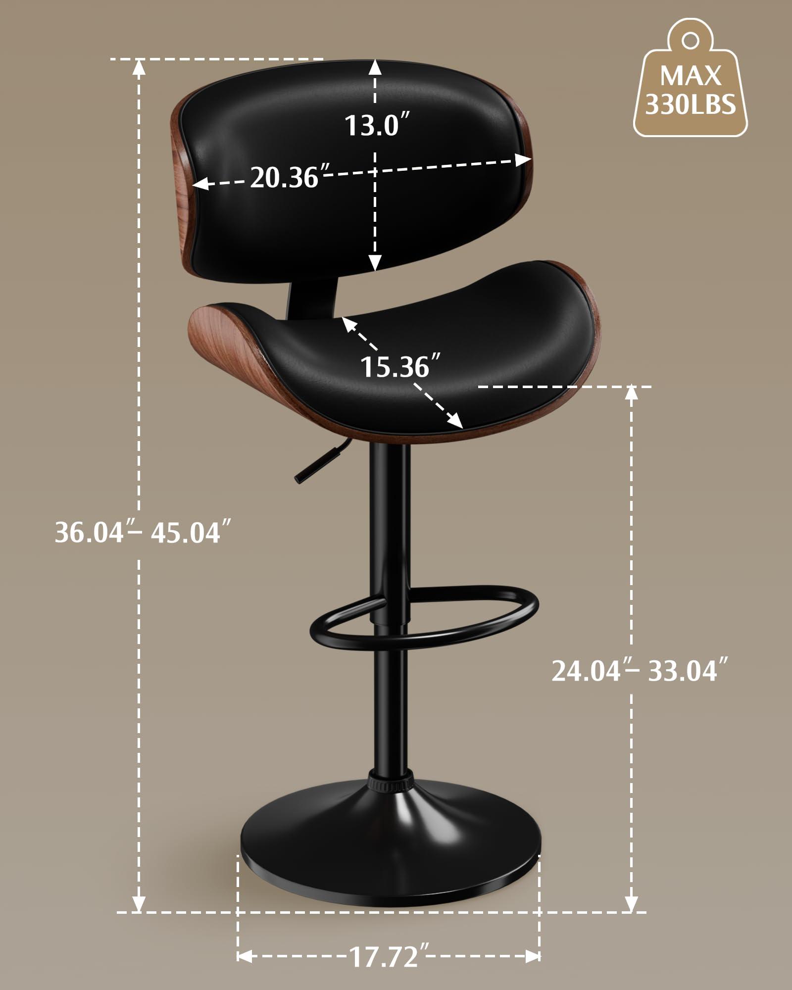 Aowos Bar Stools Set of 2, Adjustable Swivel Leather Bar Stools for Kitchen Island, Mid Century Modern Counter Height Bar Chairs Barstools with Back & Footrest (Black) - Image 3