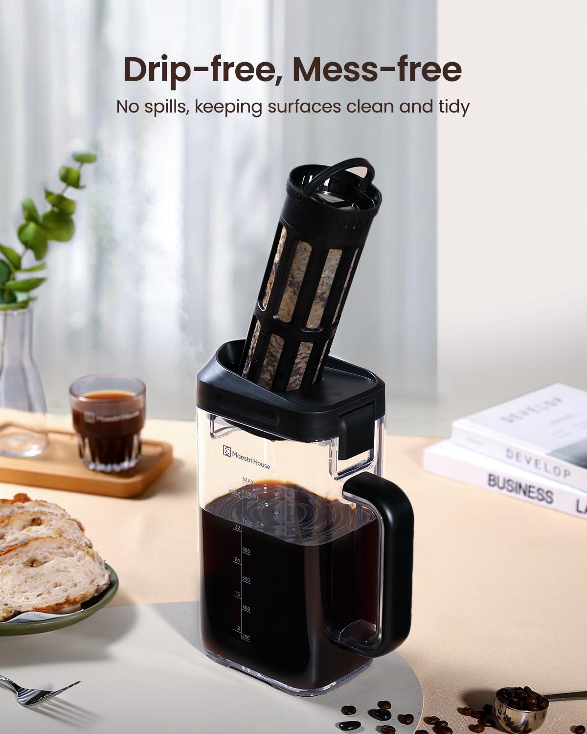 Maestri House Compact Cold Brew Coffee Maker, 40oz Iced Tea and Coffee Maker Brewer Space Saving Tritan Pitcher, 350 Mesh Filter, 100% Leak-Proof - Image 5