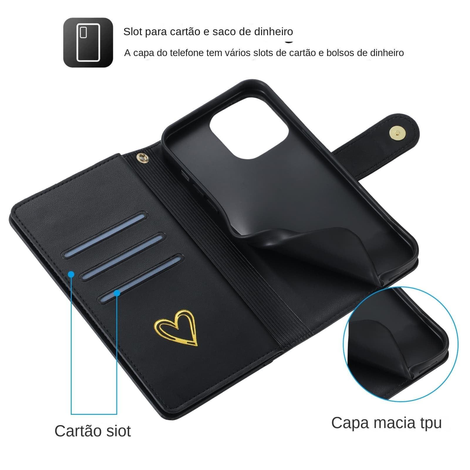 for iPhone 16 Pro Max Phone Case Leather Wallet Pocket Folio Flip Cover Kickstand, 3 Layer Multi Card Holder Cash Slot Photo Bag, Golden Love Zipper Puller + Magnetic Buckle, Wrist Strap - Image 9