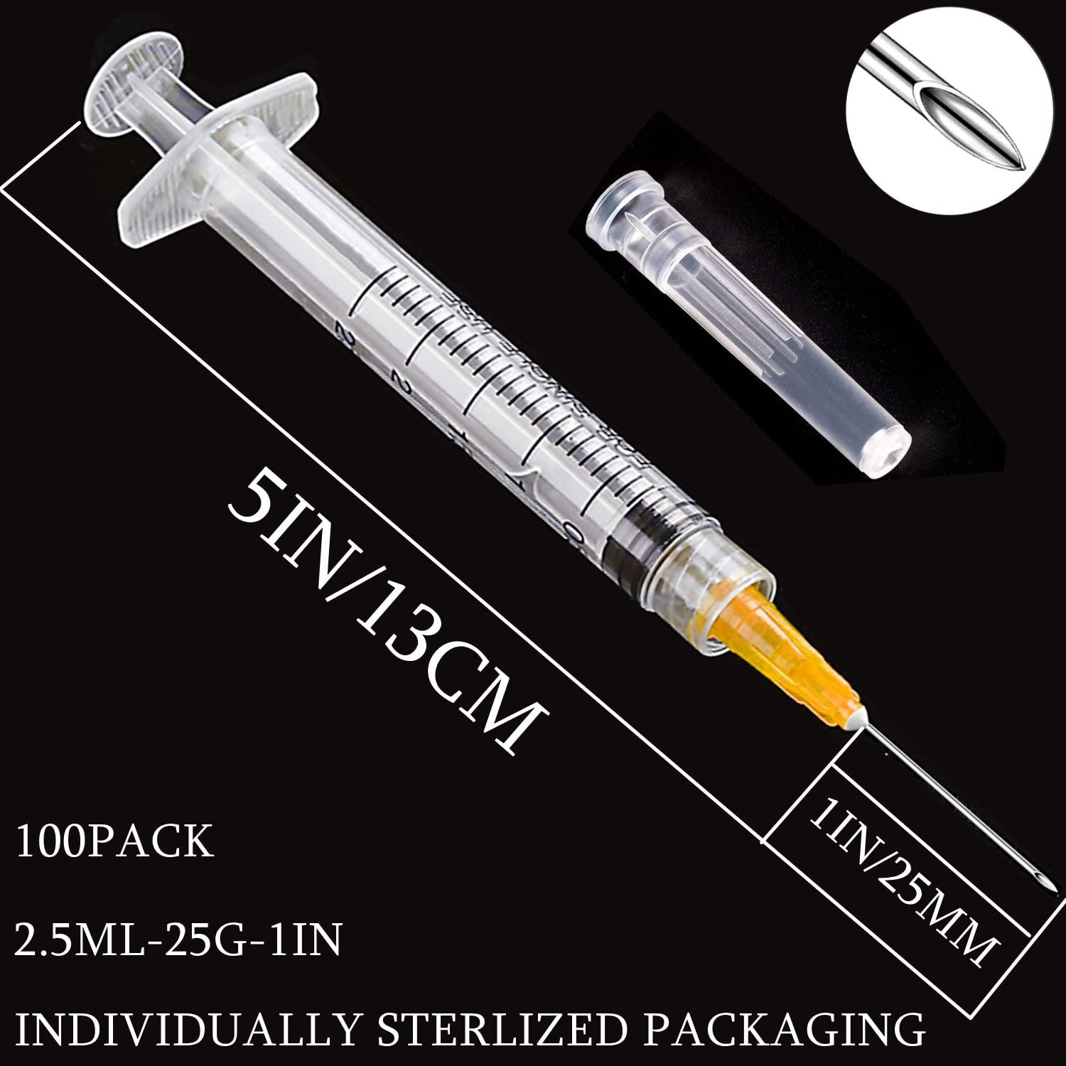 100 Pack 2ml (2.5ml) Plastic Luer Lock Syringa with 25Ga and Cap, Individually Sealed Wrapped, for Scientific Labs, Measuring Liquid, Refilling Cartridges or Glue Applicator - Image 2