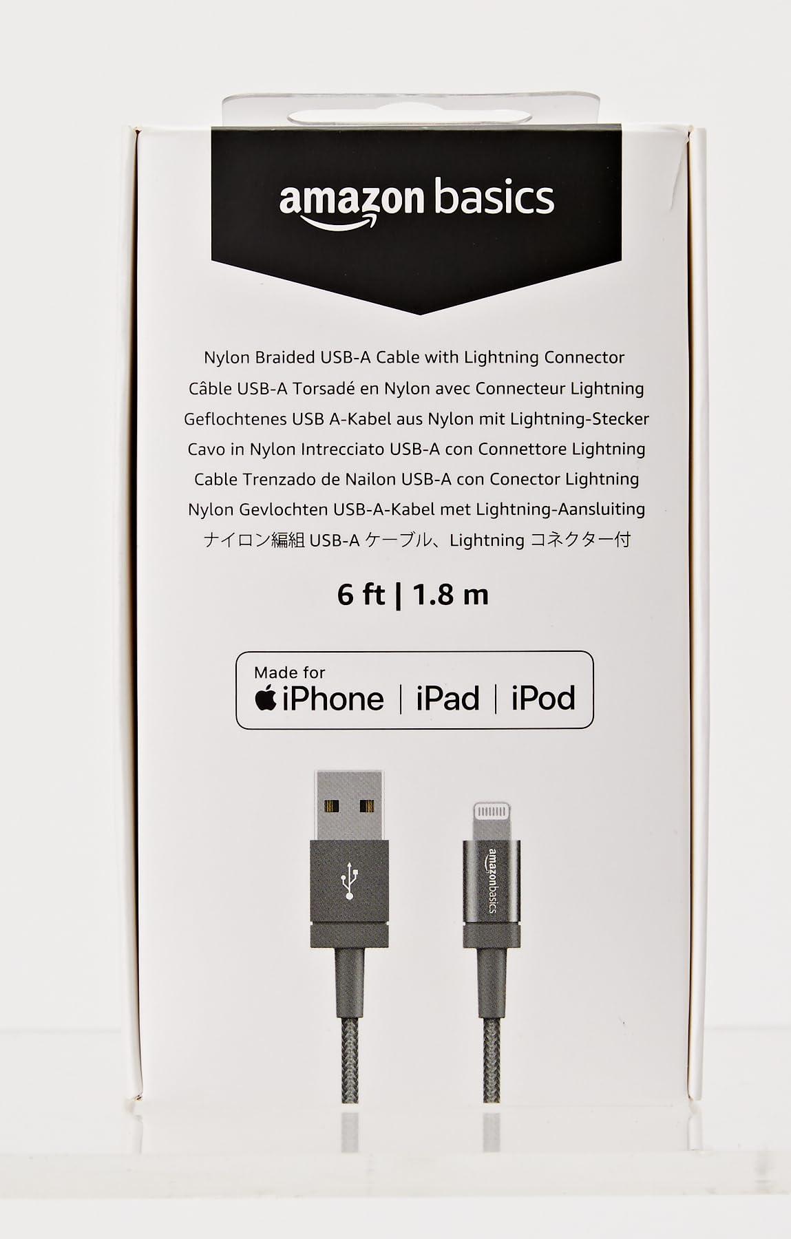 Amazon Basics USB-A to Lightning Charger Cable, Nylon Braided Cord, MFi Certified Charger for Apple iPhone 14 13 12 11 X Xs Pro, Pro Max, Plus, iPad, 6 Foot, Dark Gray - Image 8