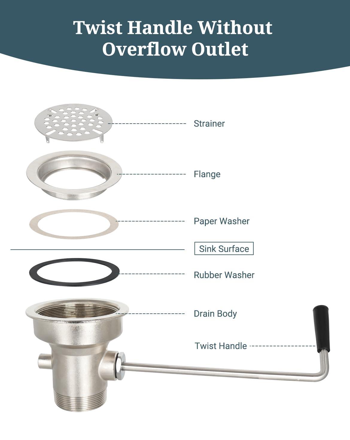 Phivan 3-1/2 Inch Commercial Sink Drain with Twist Handle Kitchen Sink Opening Waste Drain Valve Stopper Prevents Sink Clogged Overflow for 1/2/3 Compartment Sink Style Drains - Image 3