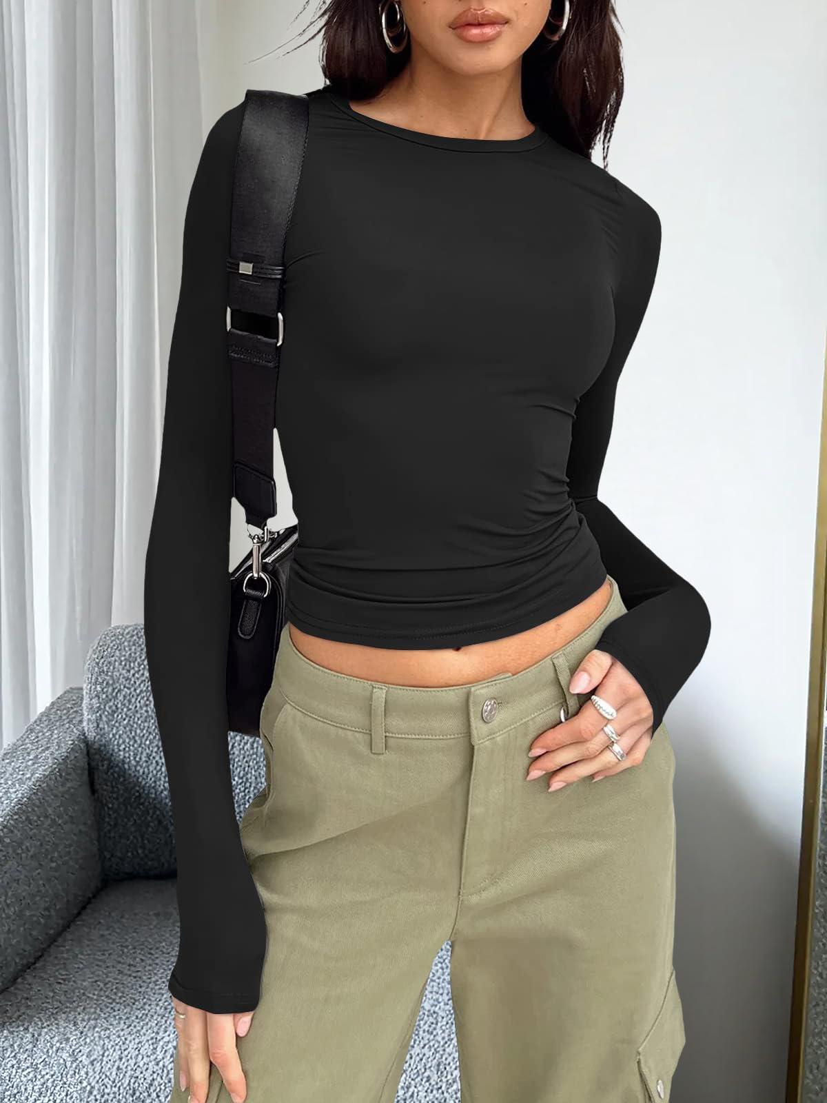 Trendy Queen Womens Long Sleeve Shirts Fall Fashion 2025 Basic Crop Tops Going Out Workout Outfits Y2k Clothes - Image 6