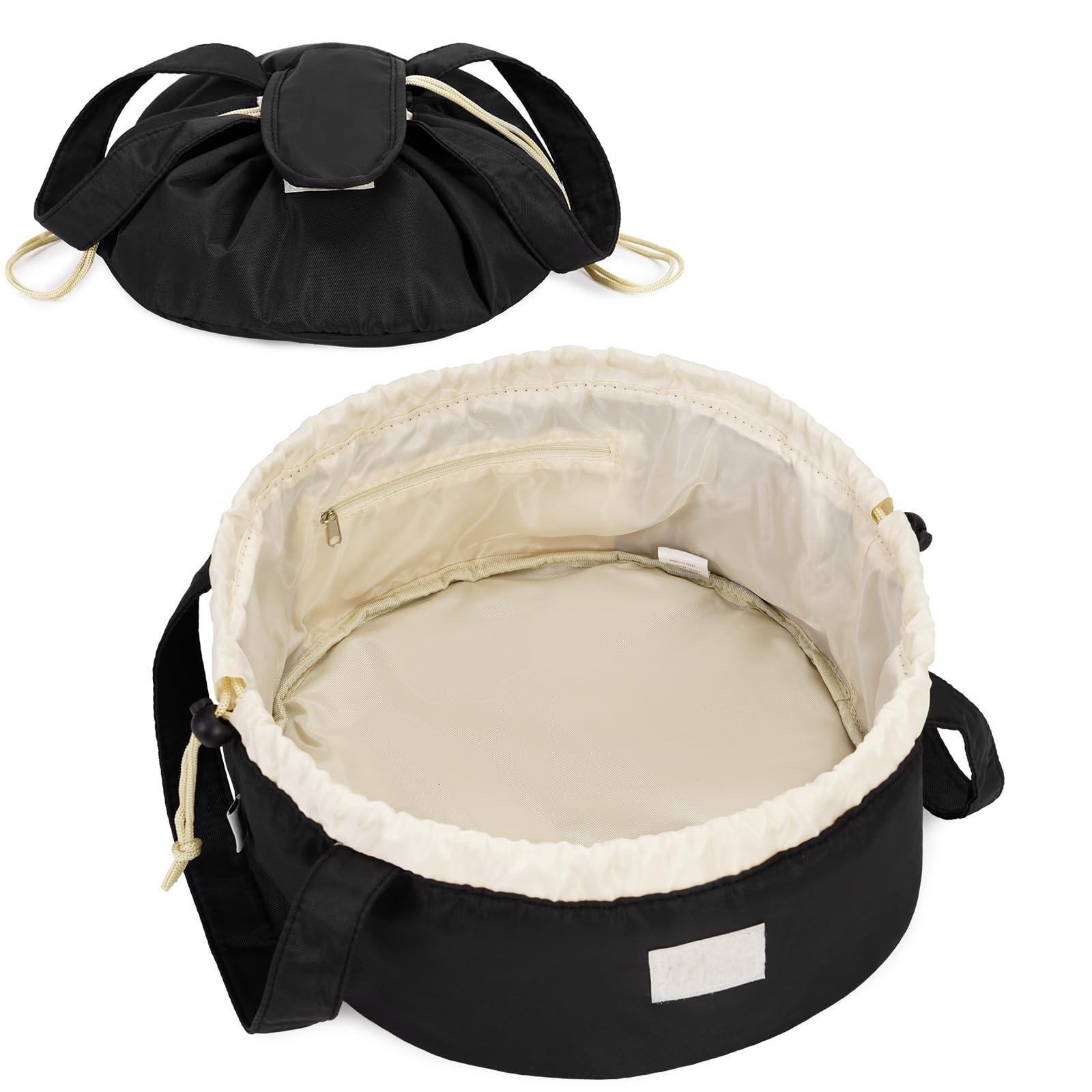 Narwey Barrel Drawstring Makeup Bag Large Cosmetic Bag Make up Bags Women and Girls Toiletry Organizer for Travel Toiletries Accessories Essentials (Black) (Patent)