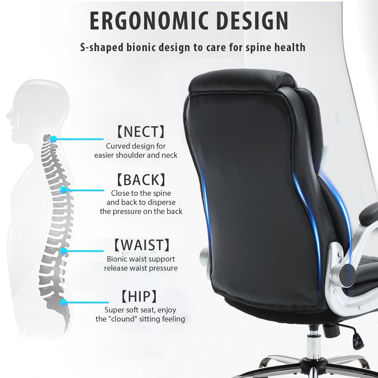 REFICCER Executive Office Chair, High Back Faux Leather Ergonomic Office Desk Chairs with Wheels, 90-120° Rocking Managerial Swivel Home Computer Chairs with Flip up Arms Lumbar Support(Black) - Image 6