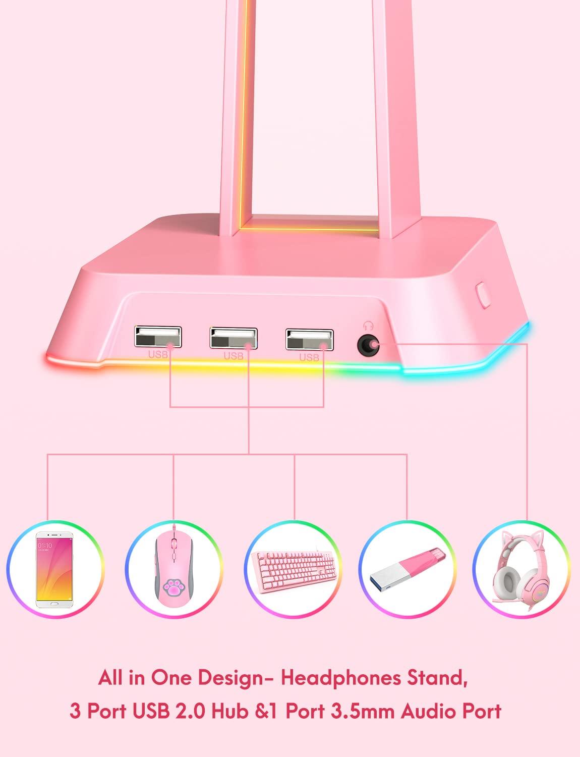 PHNIXGAM RGB Headphone Stand with 3.5mm AUX and 3 Port USB 2.0 Hub, Universal Gaming Headset Hanger Holder for Computer Gaming Gamer Accessories (Pink) - Image 3