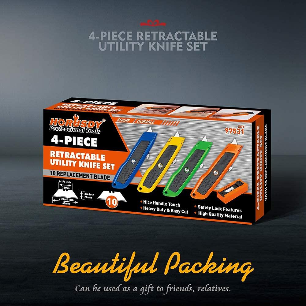 HORUSDY 4-Pack Box Cutter Utility Knife, Heavy Duty Aluminum Shell Retractable Box Cutter for Cardboard, Boxes and Cartons, Extra 10 Blades - Image 2