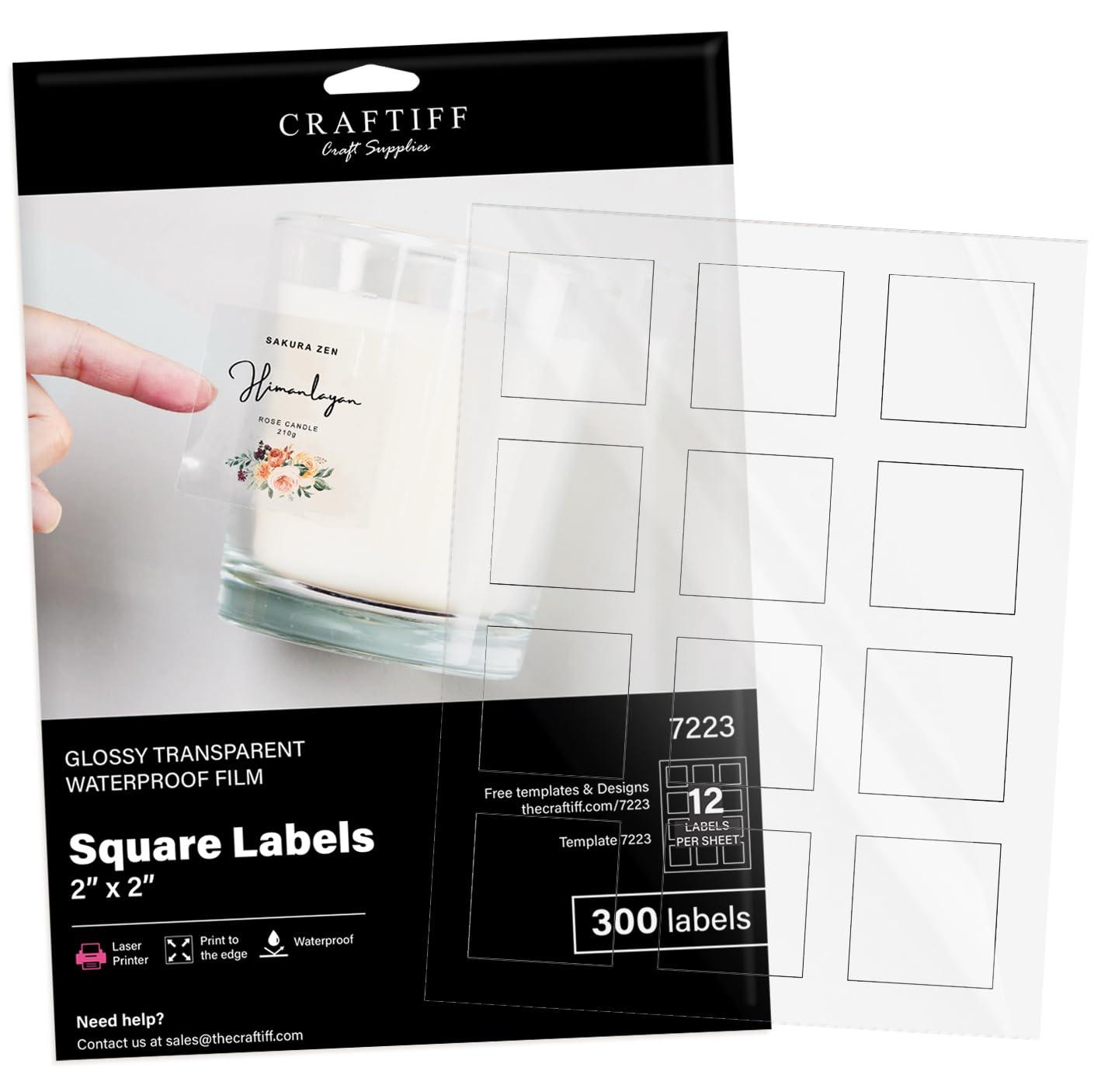 2x2 Clear Square Labels Stickers Glossy for Laser Printer, Pack of 300, Transparent self Adhesive Vinyl Paper Craftiff