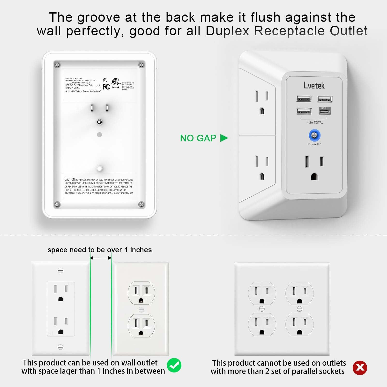 Lvetek 5 Outlet Extender Multi Plug Wall Outlets with 4 USB Charging Ports (1 USB C Outlet), 3 Sided 1680J Surge Protector Power Strip USB Wall Charger for Home, Office, Travel, ETL Listed, White - Image 5