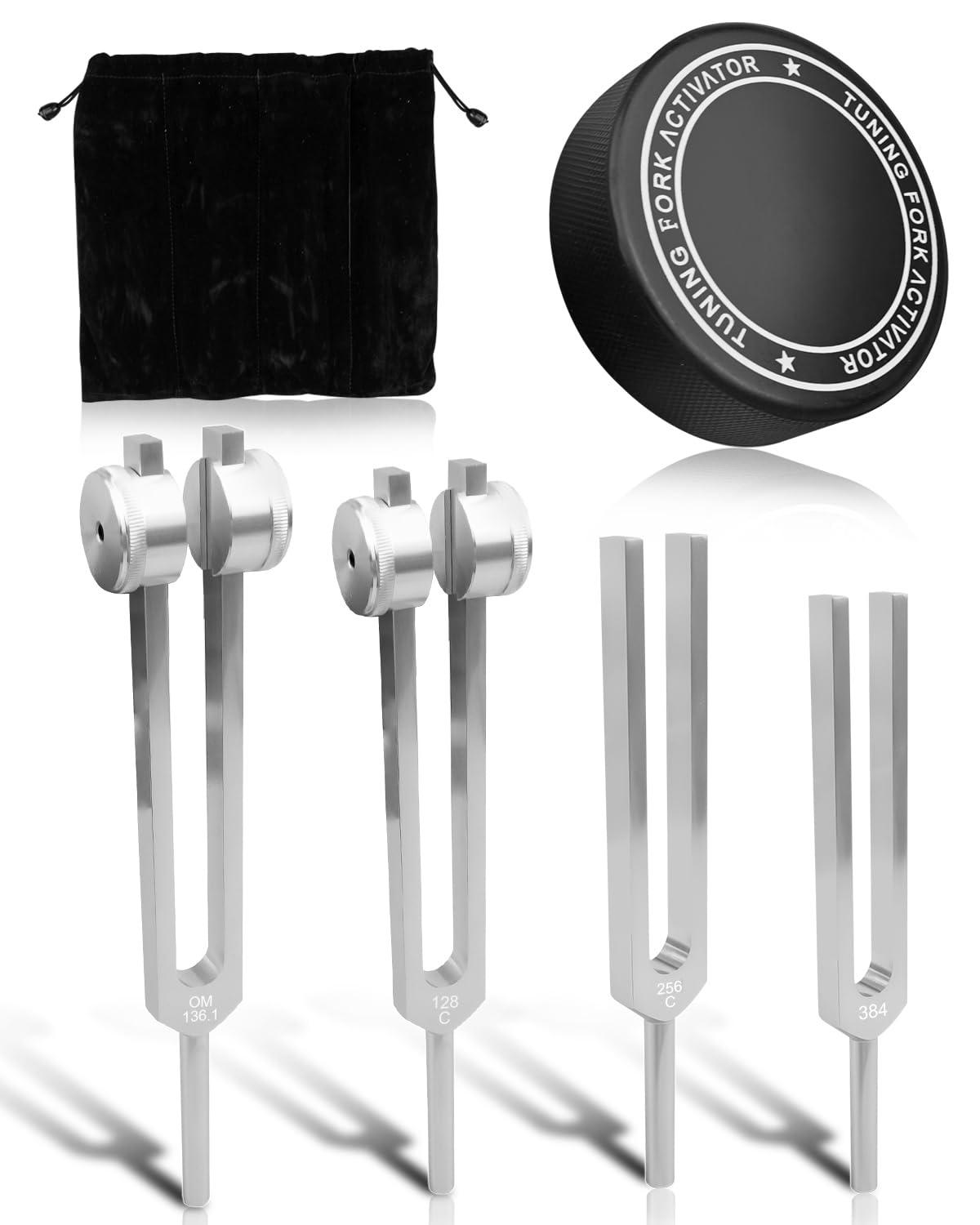 TIKSCIENCE Resonance Tuning Forks for Healing Set Inlcuding c128Hz om136.1Hz c256Hz 384Hz Hockey Puck Activator, Chakra Sound Therapy Instruments Tuning Fork Set