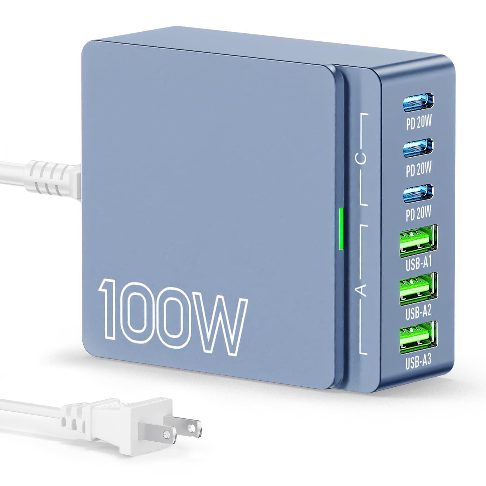 USB C Charger Block Charging Station: 100W 6 Port GaN Fast Charging Brick Hub Cube Box - PD 3.0 Type C & USB A Wall Charger Power Adapter for iPhone 16 Pro Max iPad Samsung Android Pixel