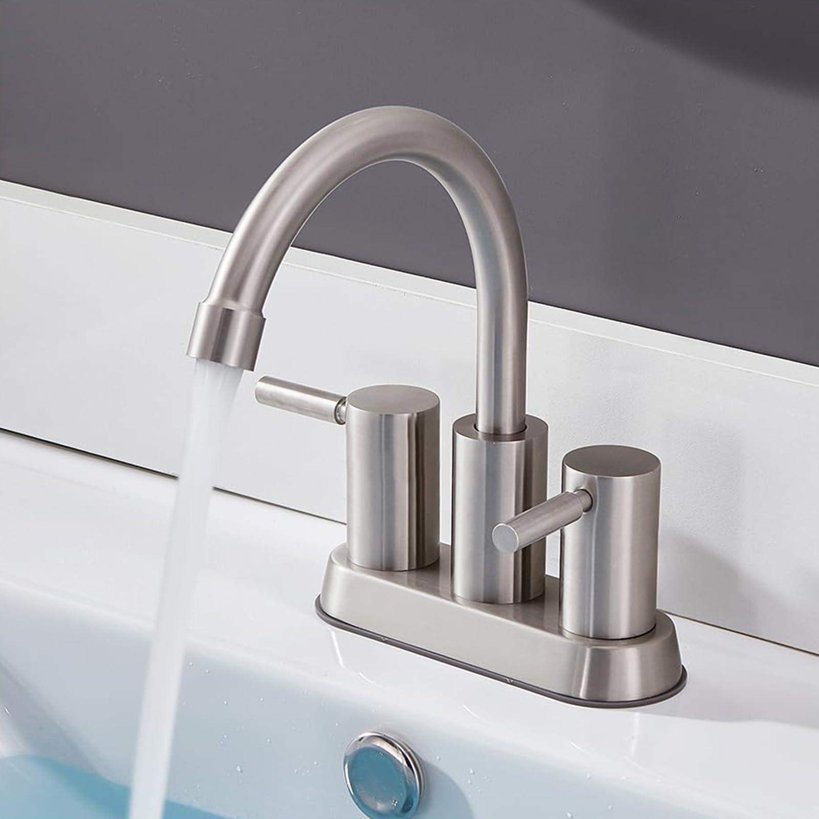 Brushed Nickel Bathroom Faucet, 2 Handle Bathroom Sink Faucets Centerset, 360° Swivel High-Arc Spout Modern 4 inch Bath Faucet for Vanity Lavatory with Pop-up Drain & Water Hoses - Image 6