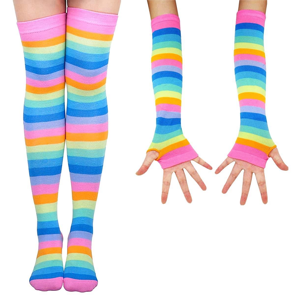 SherryDC Womens Girls Cosplay Rainbow Striped Knee High Socks Leg Arm Warmer Fingerless Gloves Set - Image 3