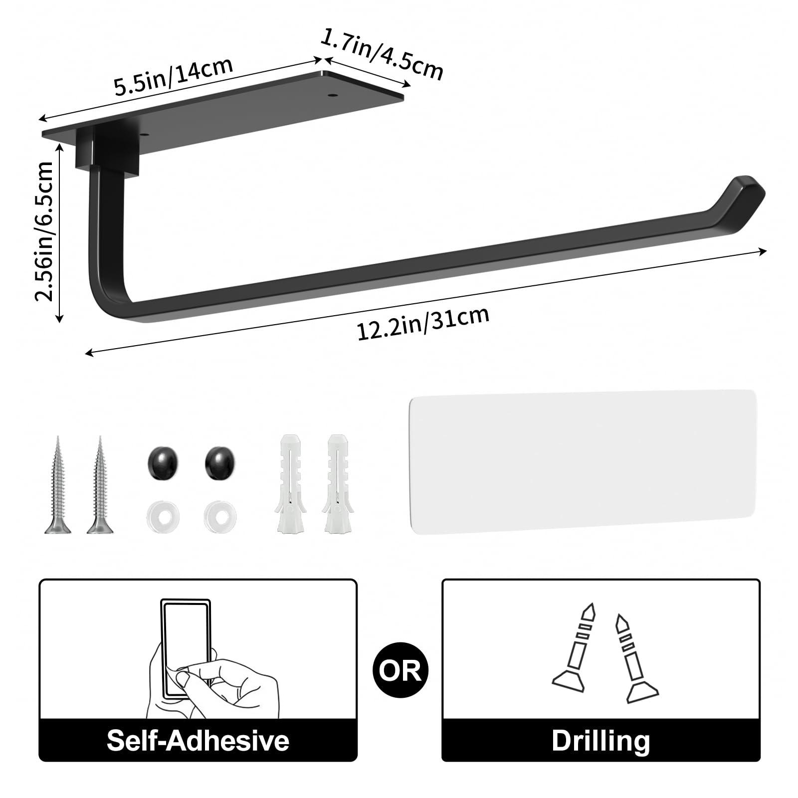 Paper Towel Holder - Self-Adhesive or Drilling, Matte Black, Upgraded Aluminum Kitchen Roll Dispenser Under Cabinet, Lighter but Stronger Than Stainless Steel! - Image 2