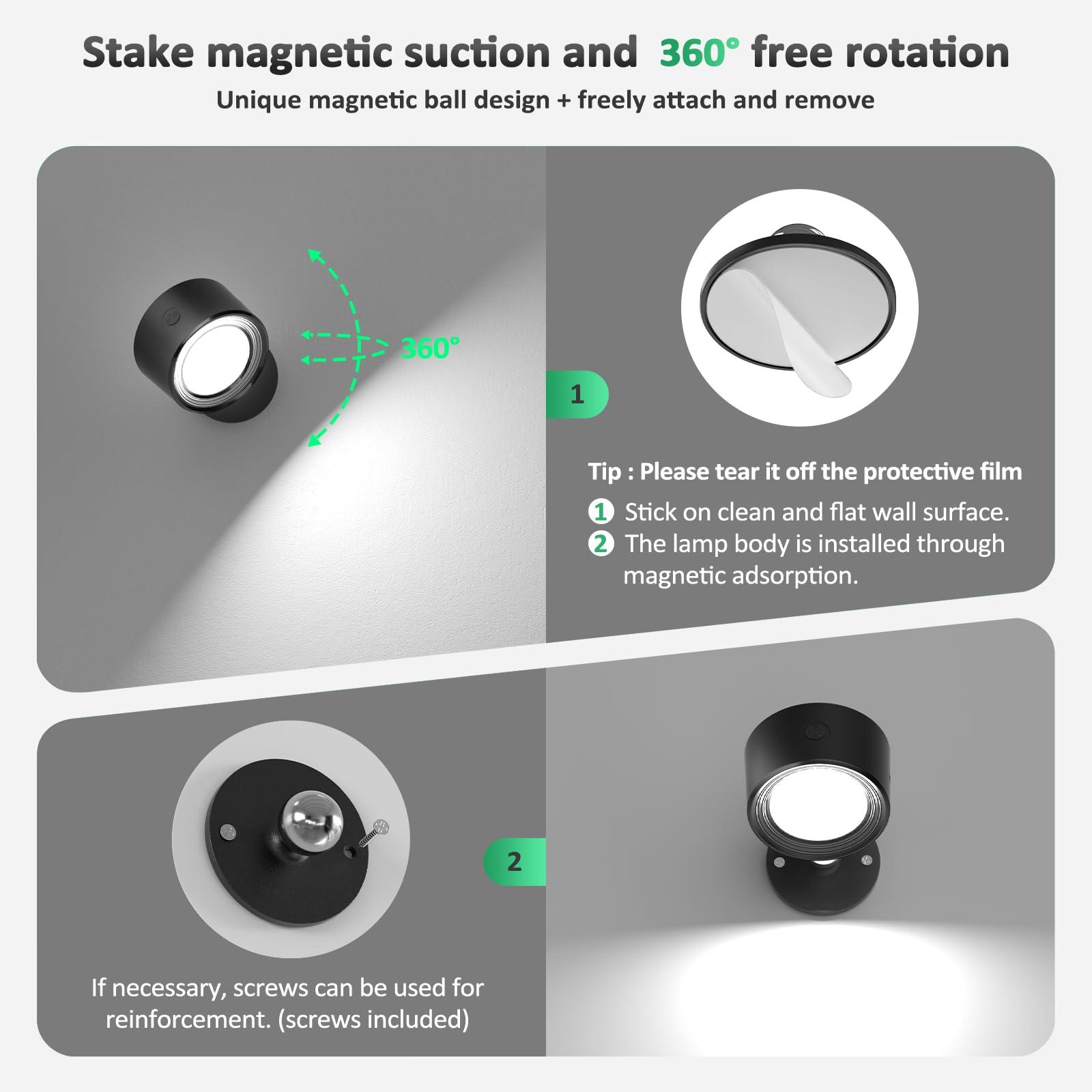 Lightbiz LED Wall Mounted Lights 2 Pcs with Remote, Wall Sconces Lamp 3000mAh Rechargeable Battery Operated, 3 Color Temperatures & Dimmable Magnetic 360° Rotation Cordless Light for Bedroom Bedside - Image 5