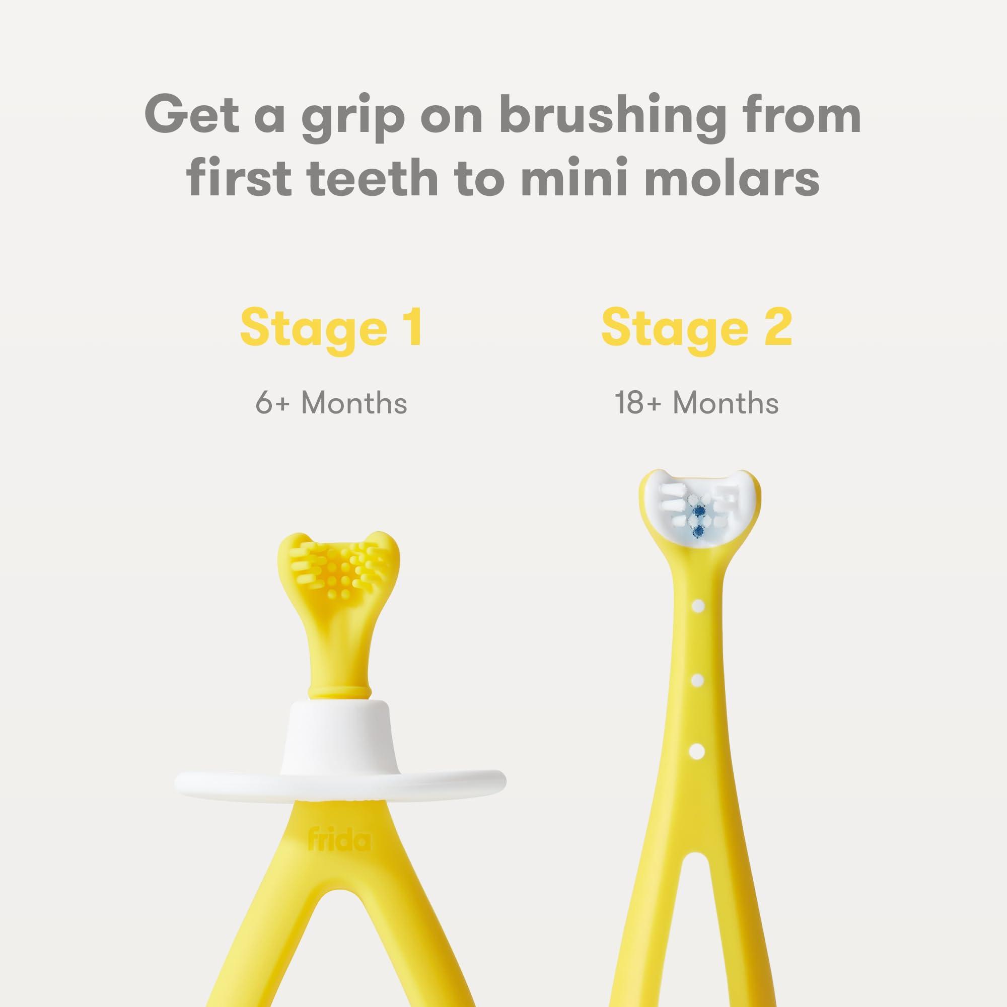 Frida Baby Grow-with-Me Baby Toothbrush Training Set | Infant to Toddler Toothbrush 0-12 months, Cleans All Sides at Once, Oral Care for Sensitive Gums | Yellow - Image 2