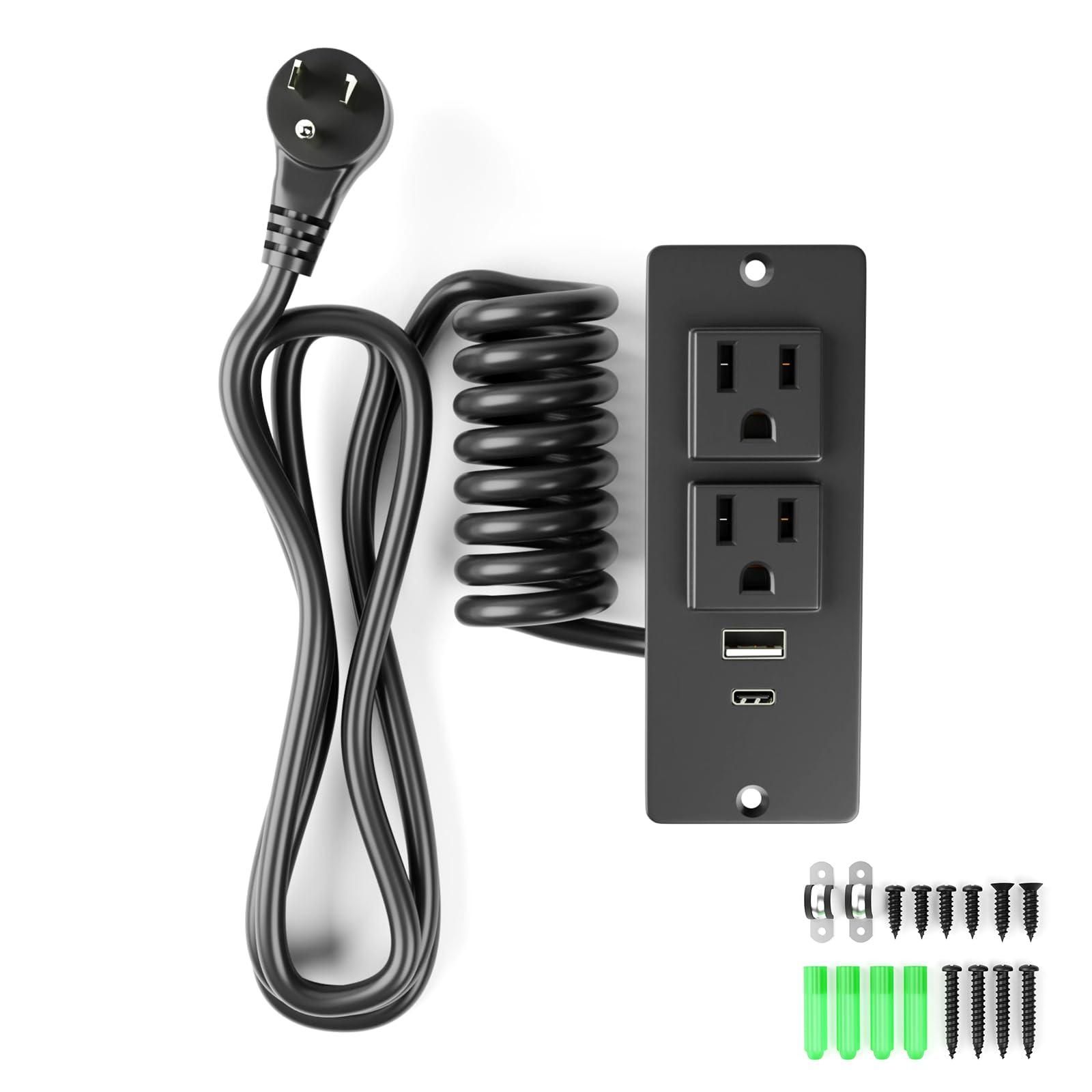 OELFFOW Drawer Outlet Kit, Recessed Furniture Power Strip - Clutter-Free Drawer Socket with USB-A, USB-C & (2) 12 amp AC Ports, 6.9FT Power Cord, Spring Cable, Clips and Screws Included, UL Listed