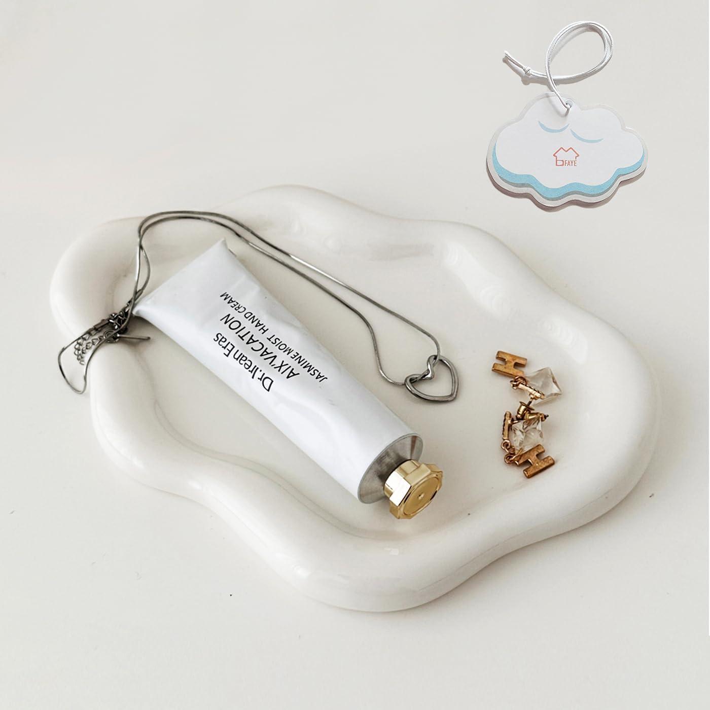 MDFAYE Jewelry Dish Trinket Tray for Women, Ring Dish Holder, Unique Cloud Shape Ceramic Plate Cute Things Vanity Aesthetic Room Decor Mother's Day Birthday (White)