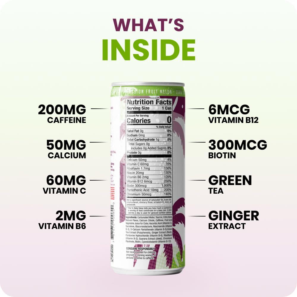 FitTea Healthy Energy Drink 12 Fl Oz - Passionfruit Melon Sparkling Refresher (12 Pack) Natural Green Tea Energy Drinks Sugar Free - Image 5