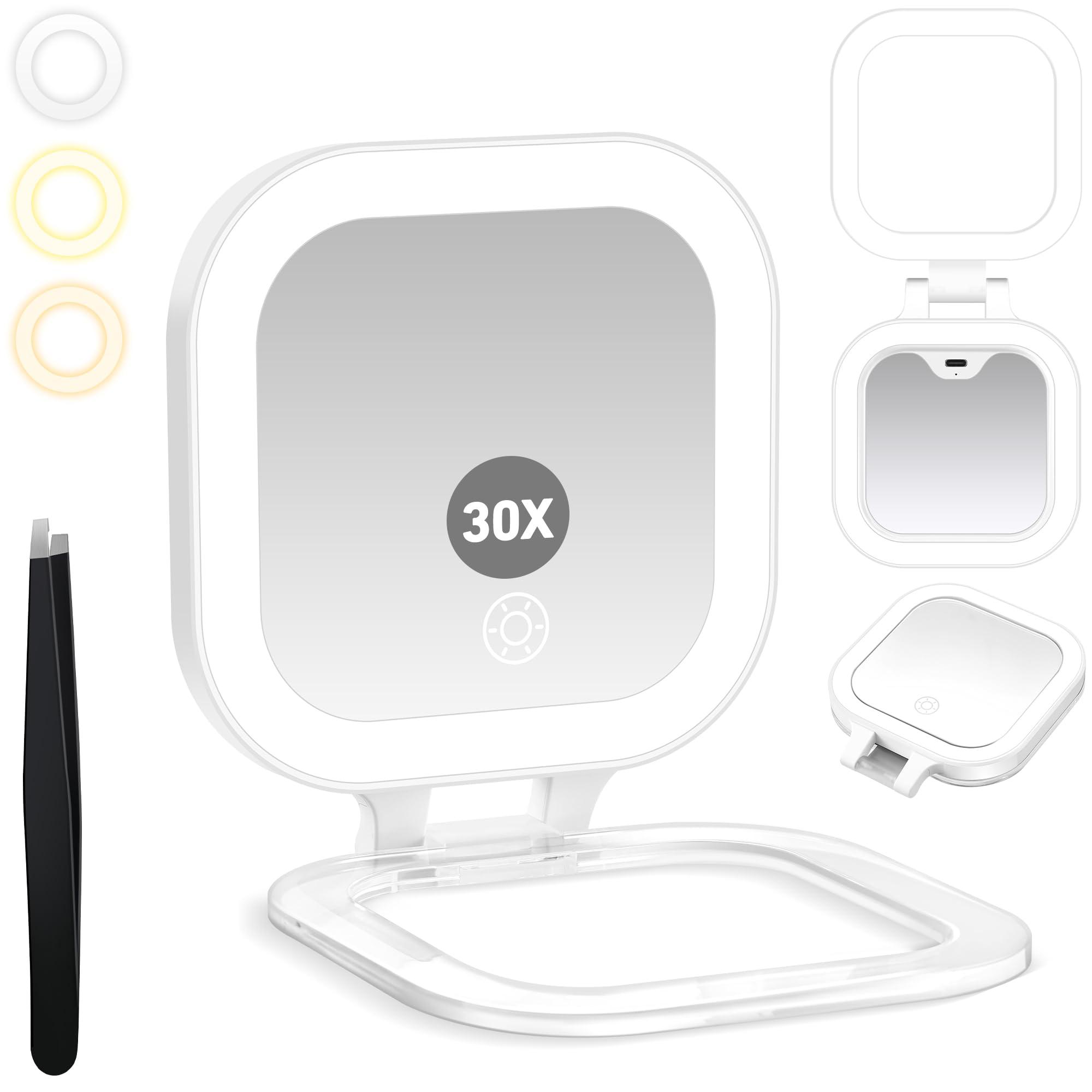 GOMIPURU Travel Mirror with Light, 1x/30x Magnifying Mirror with 3 Color Lights and Adjustable Brightness, 4.5x3.9 inch Small Compact Hangable Hand Pocket 3 Way Mirror, Comes with Tweezer