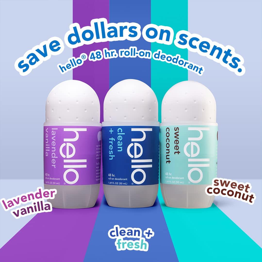 Hello Clean & Fresh Roll On Deodorant, Aluminum Free Deodorant for Women + Men, 48 Hour Non Sticky Formula, Dries Quick and Leaves No White Residue, Travel 2 Pack, 1.69 oz Tubes - Image 7