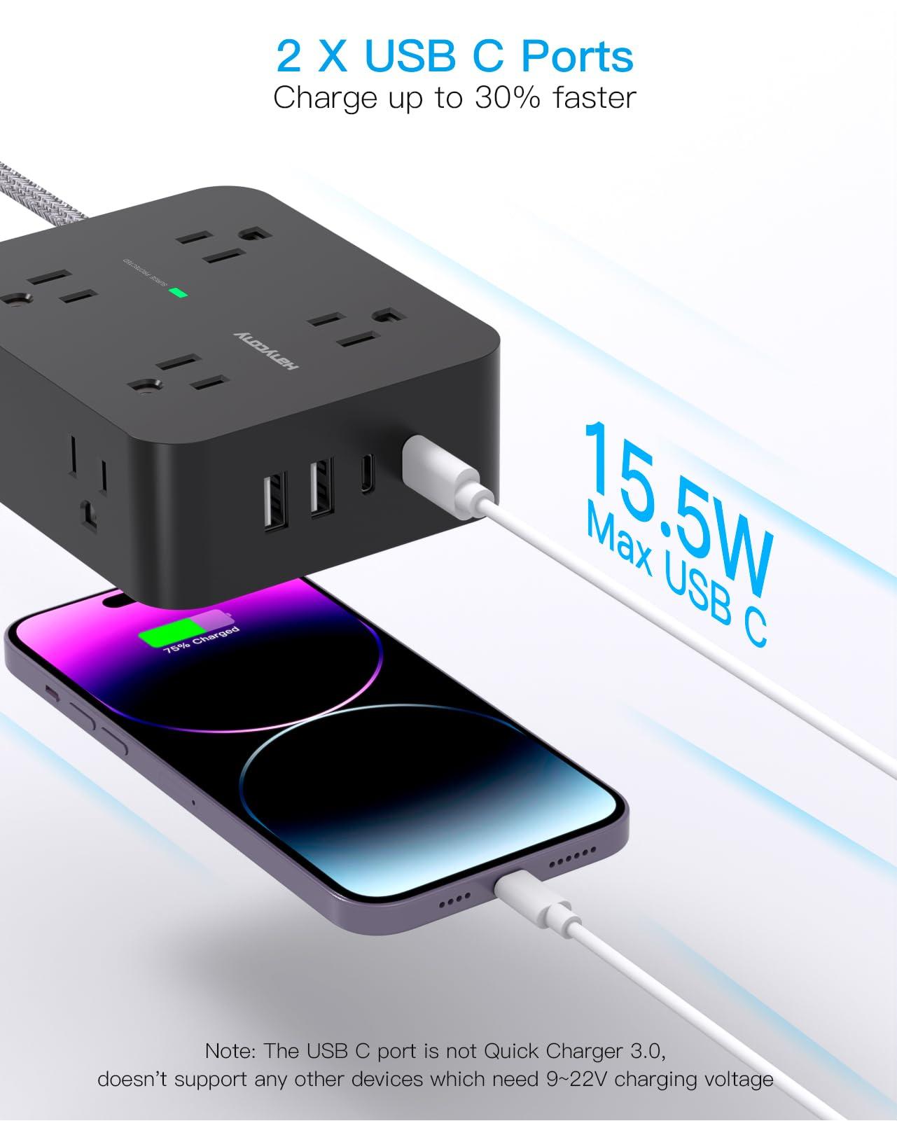 Power Strip Surge Protector 10 Ft Cord, HANYCONY Extension Cord Flat Plug with 8 Outlets 4 USB Ports(2 USB C), Wall Mount, Desk Charging Sation for Home Offcie - Image 5