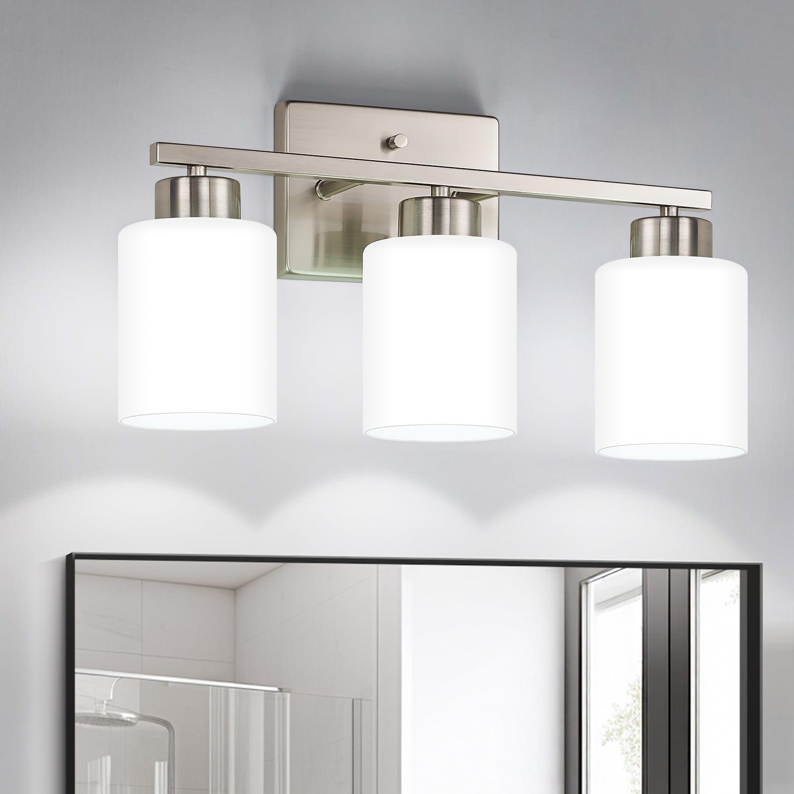 FonmYim Brushed Nickel Bathroom Light Fixtures, 3-Light Modern Vanity Light Over Mirror, Wall Sconces with Milky White Frosted Glass Shades, E26 Socket (Bulbs Not Included)