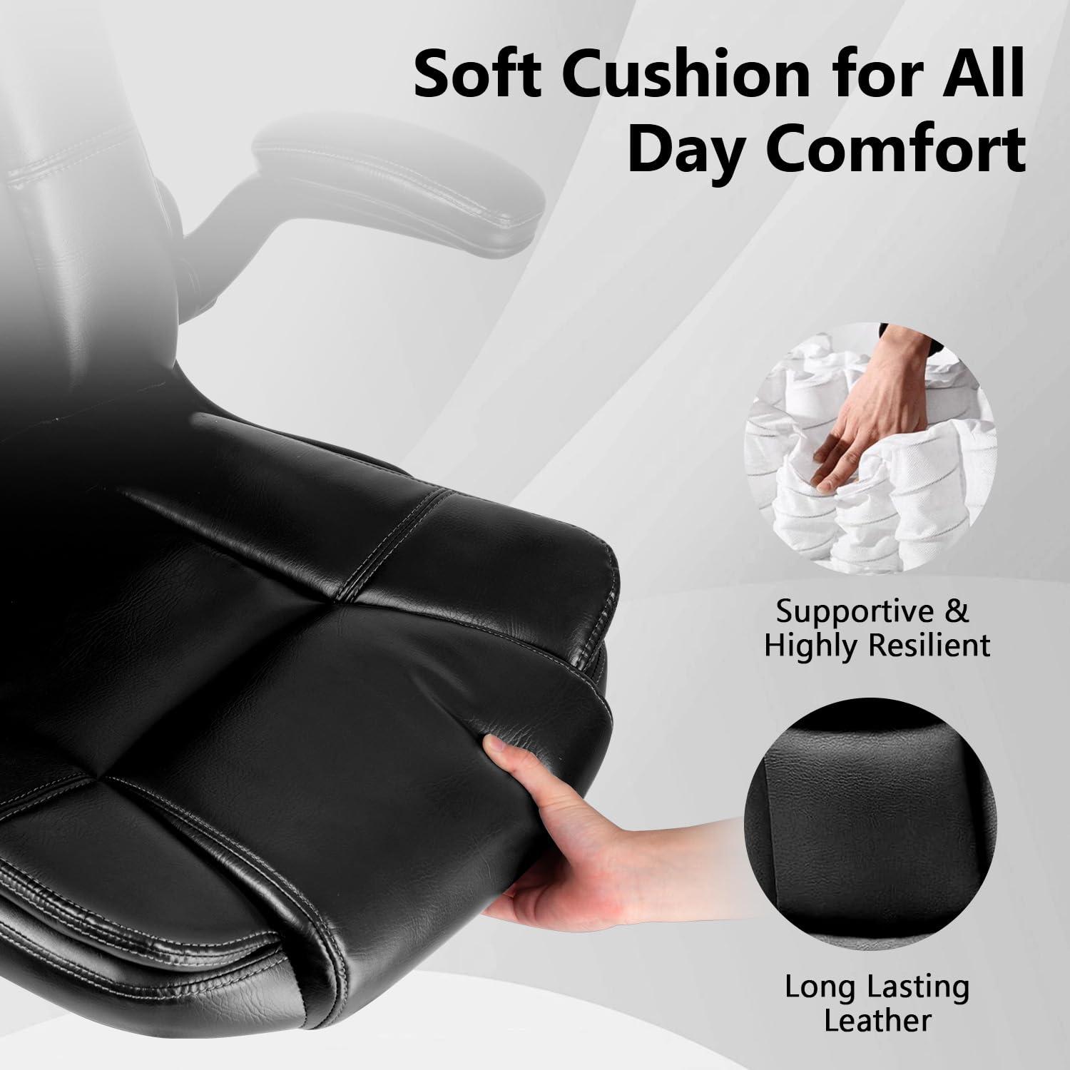 Leather Office Chair - Ergonomic Computer Desk Chair, High Back Executive Office Chair with Lumbar Support, Comfortable Leather Home Office Desk Chairs with Padded Flip-up Armrest, Black - Image 7