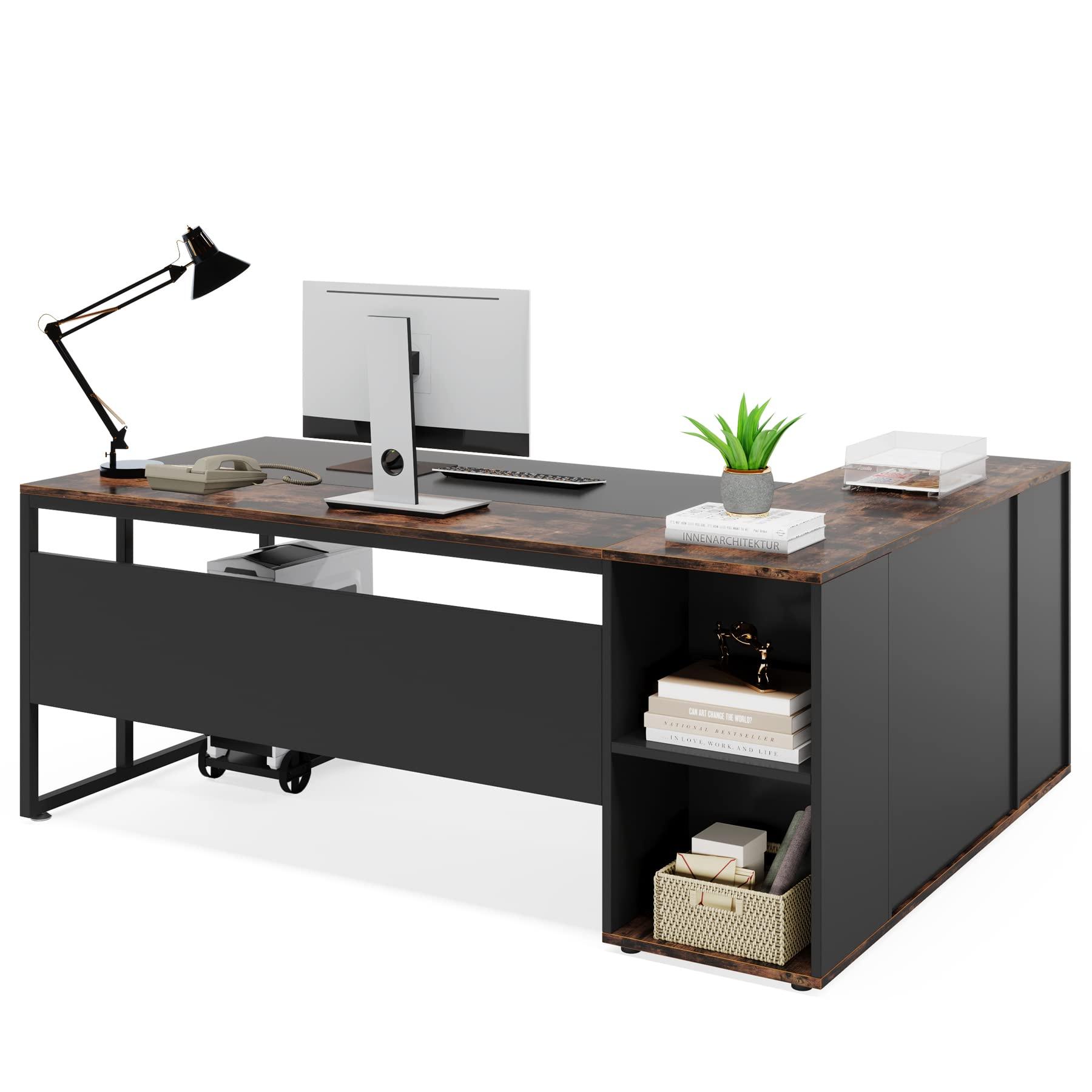 Tribesigns 71 inch Executive Desk, L Shaped Desk with Cabinet Storage, Executive Office Desk with Shelves, Business Furniture Workstation for Home Office, Brown and Black - Image 7