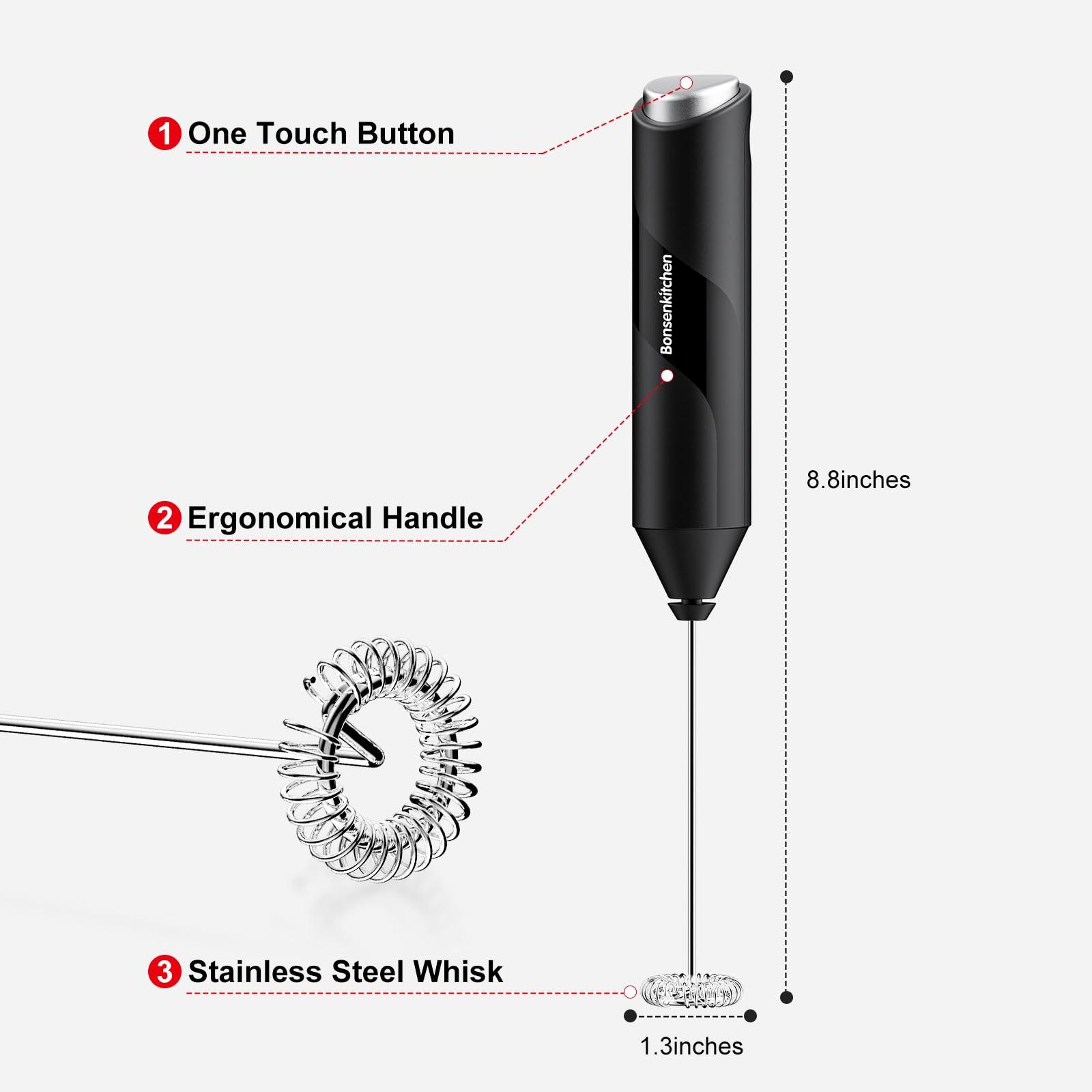 Bonsenkitchen Powerful Milk Frother for Coffee, Fast Handheld Drink Mixer with Stainless Steel Whisk, Battery Operated Hand Frother Stirrer Wand-Black - Image 2