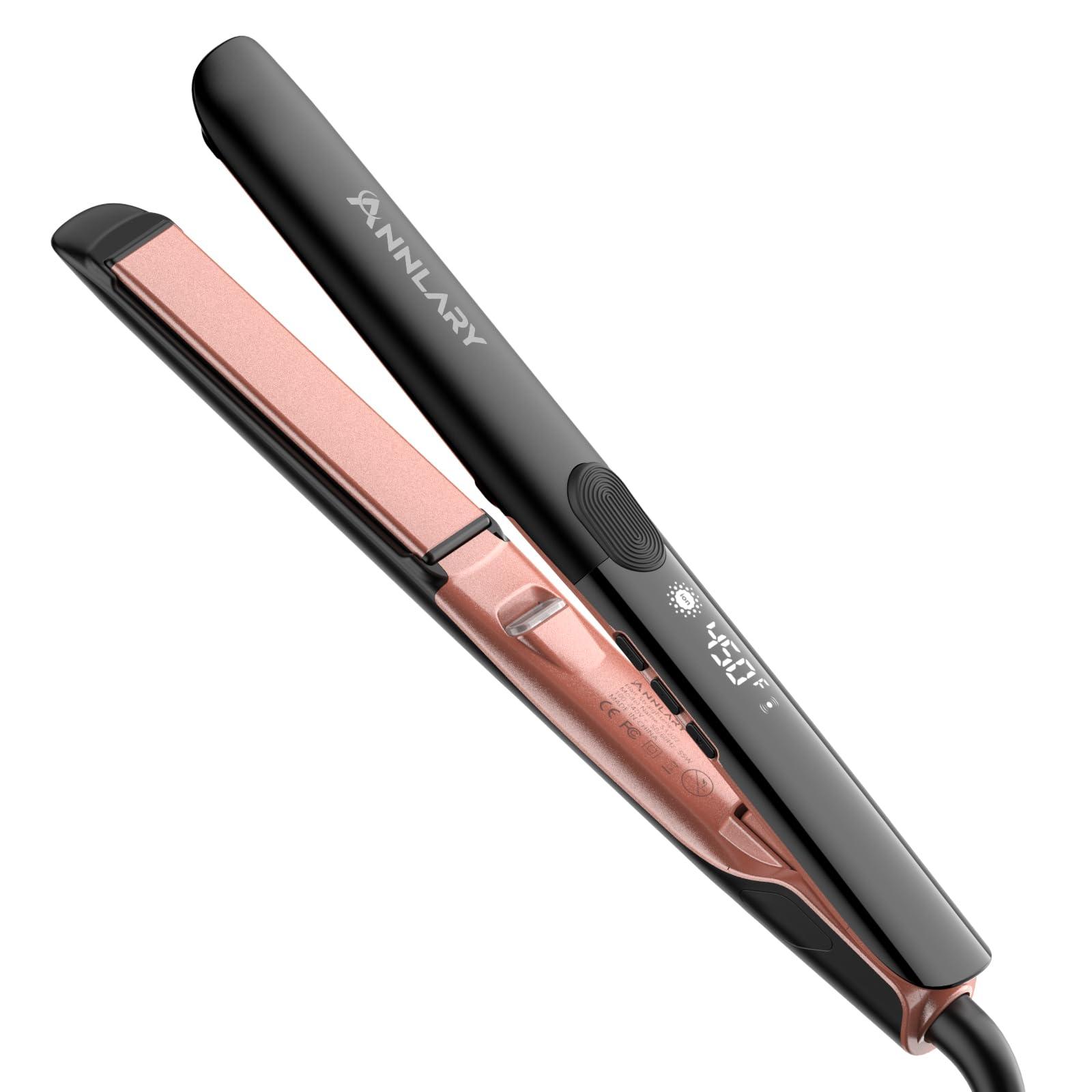 Annlary Hair Straightener, 1 Inch Flat Iron Straightener and Curler 2 in 1, Titanium Ceramic Ionic Dual Voltage Straightener with Anti-Iron Silicone for Less Frizz, Shinier & Smoother Hair