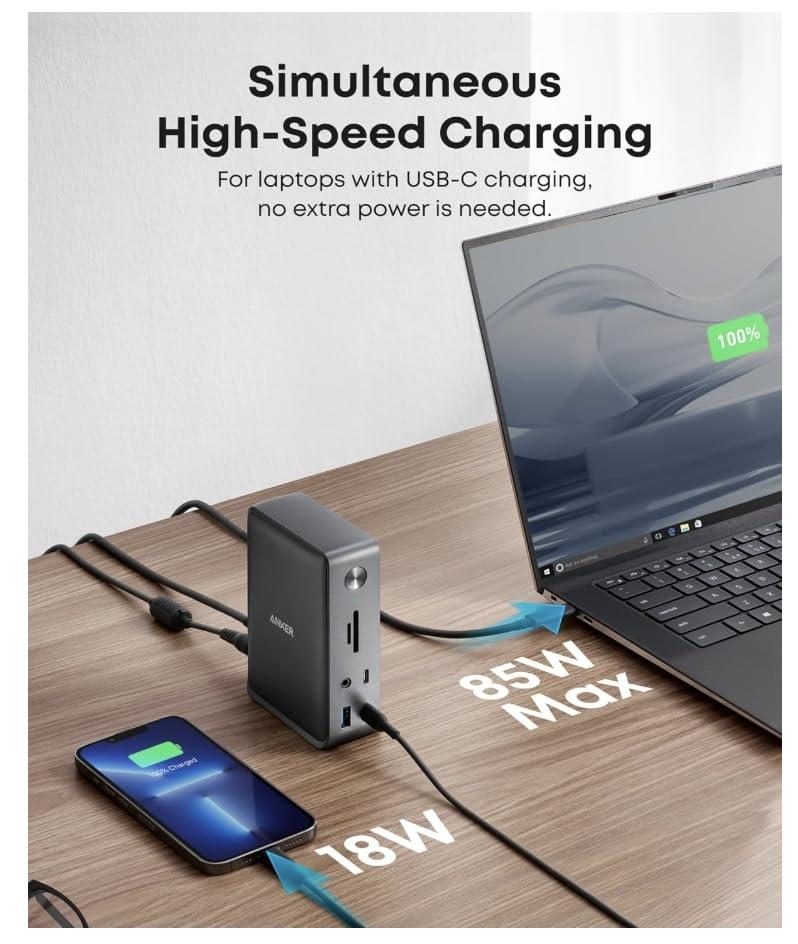 Anker Laptop Docking Station, 13-in-1 USB-C Docking Station, Triple Display with 2 x 4K HDMI and 1 x DP, 85W Charging for Laptop, 10 Gbps USB-C and 5 Gbps USB-A Data, Ethernet, Audio, SD - Image 5