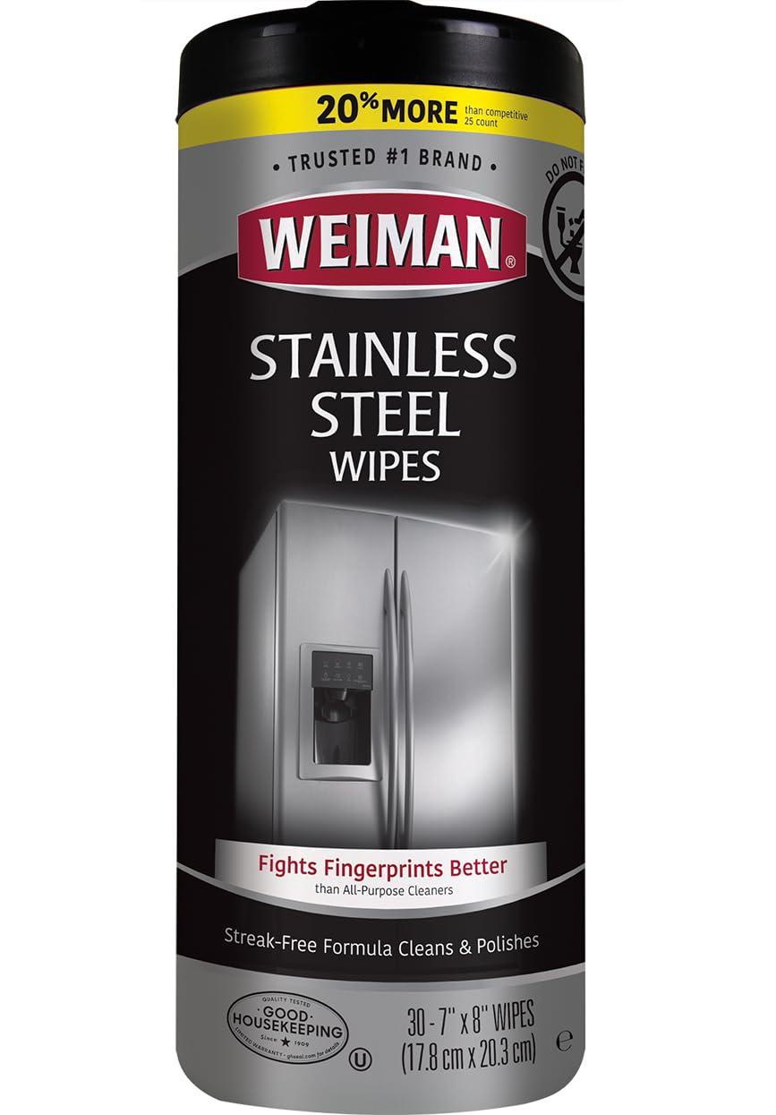 Weiman Stainless Steel Cleaner, 30 Count Cleaning Wipes, Removes Dirt, Grime, and Grease, No Streaks or Residue, Stainless Steel Polish for a Sparkling Clean and Shiny Surface, Cleaning Supplies
