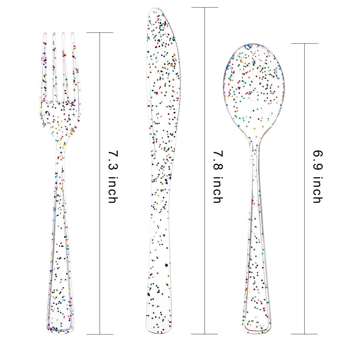 Supernal 360pcs Clear Plastic Silverware, Glitter Disposable Cutlery with Colorful Design,120 Forks,120 Knives,120 Spoons,Perfect for Parties Birthday - Image 3