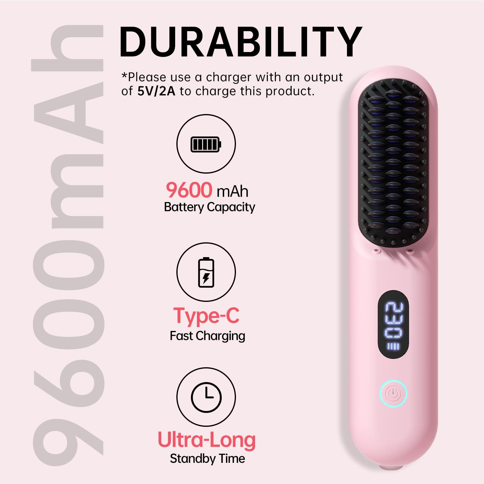 Cordless Hair Straightener Brush - Portable Straightener Brush with 9 Temp Settings, Mini Straightening Comb for Travel, 9600mAh Rechargeable Batt & 224 Million Negative Ions (Pink) - Image 2