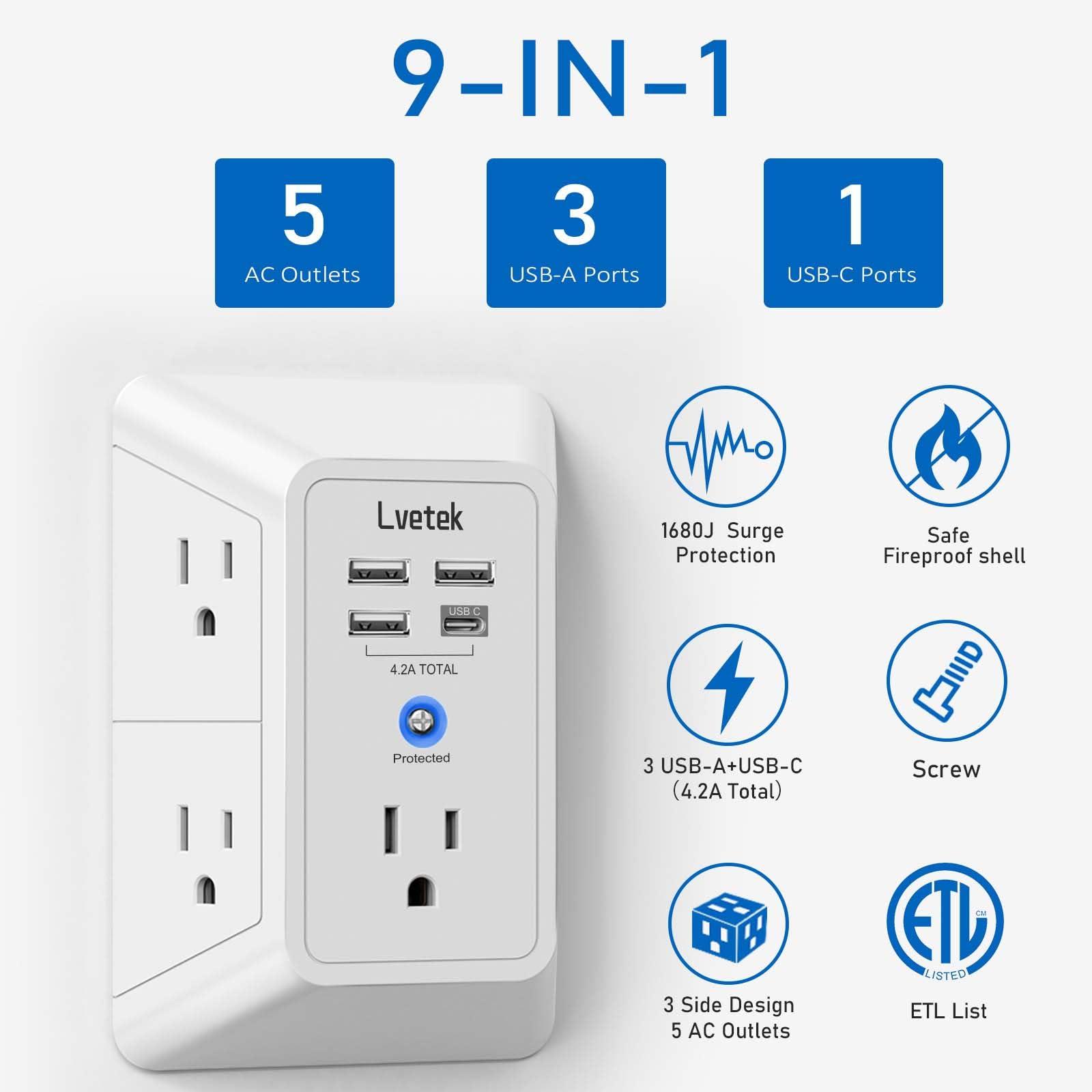 Lvetek 5 Outlet Extender Multi Plug Wall Outlets with 4 USB Charging Ports (1 USB C Outlet), 3 Sided 1680J Surge Protector Power Strip USB Wall Charger for Home, Office, Travel, ETL Listed, White - Image 4