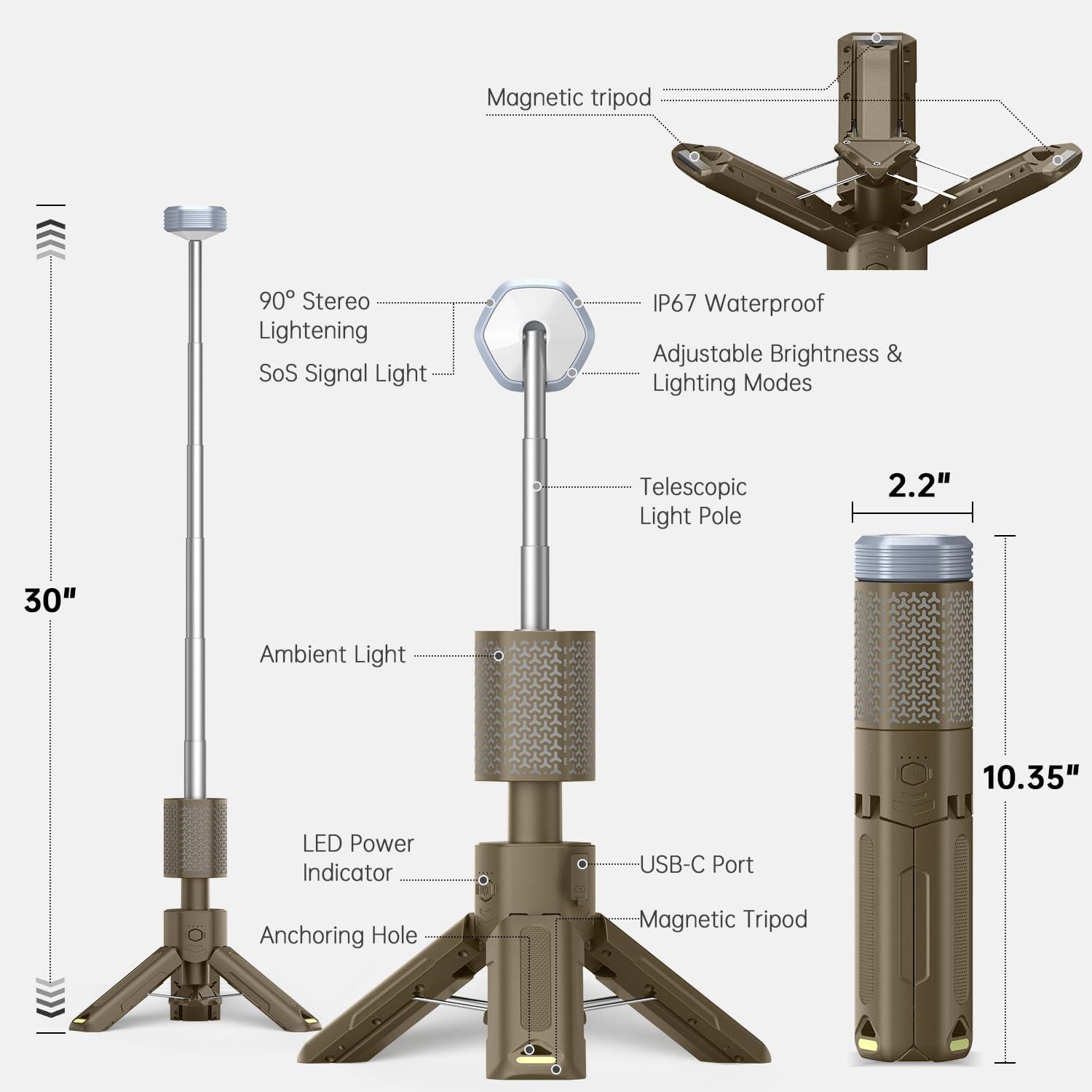 MORIKO Camping Lights Rechargeable Telescopic, Portable Collapsible Magnetic Lantern Camping Essentials, 10,500mAh IP67 Waterproof LED Flashlights, Camping Gear for Hiking Fishing Travel Emergency - Image 2