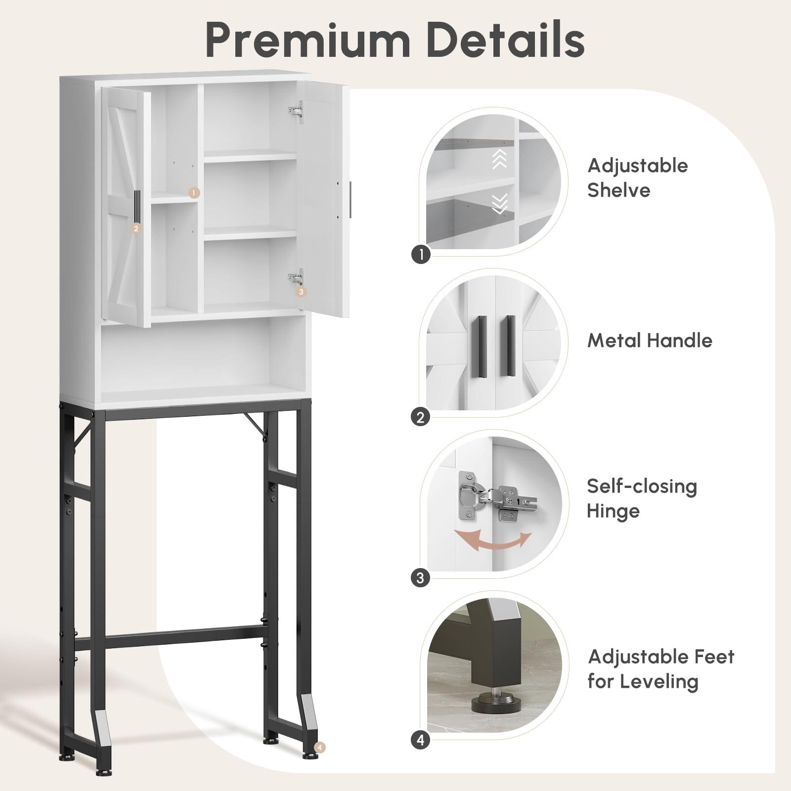 USHOWER Over The Toilet Storage Cabinet, Bathroom Organizers and Storage with Barn Doors, Thicken Metal Stand & MDF Wood Above Toilet Storage Cabinet, Freestanding Space Saver, White - Image 3