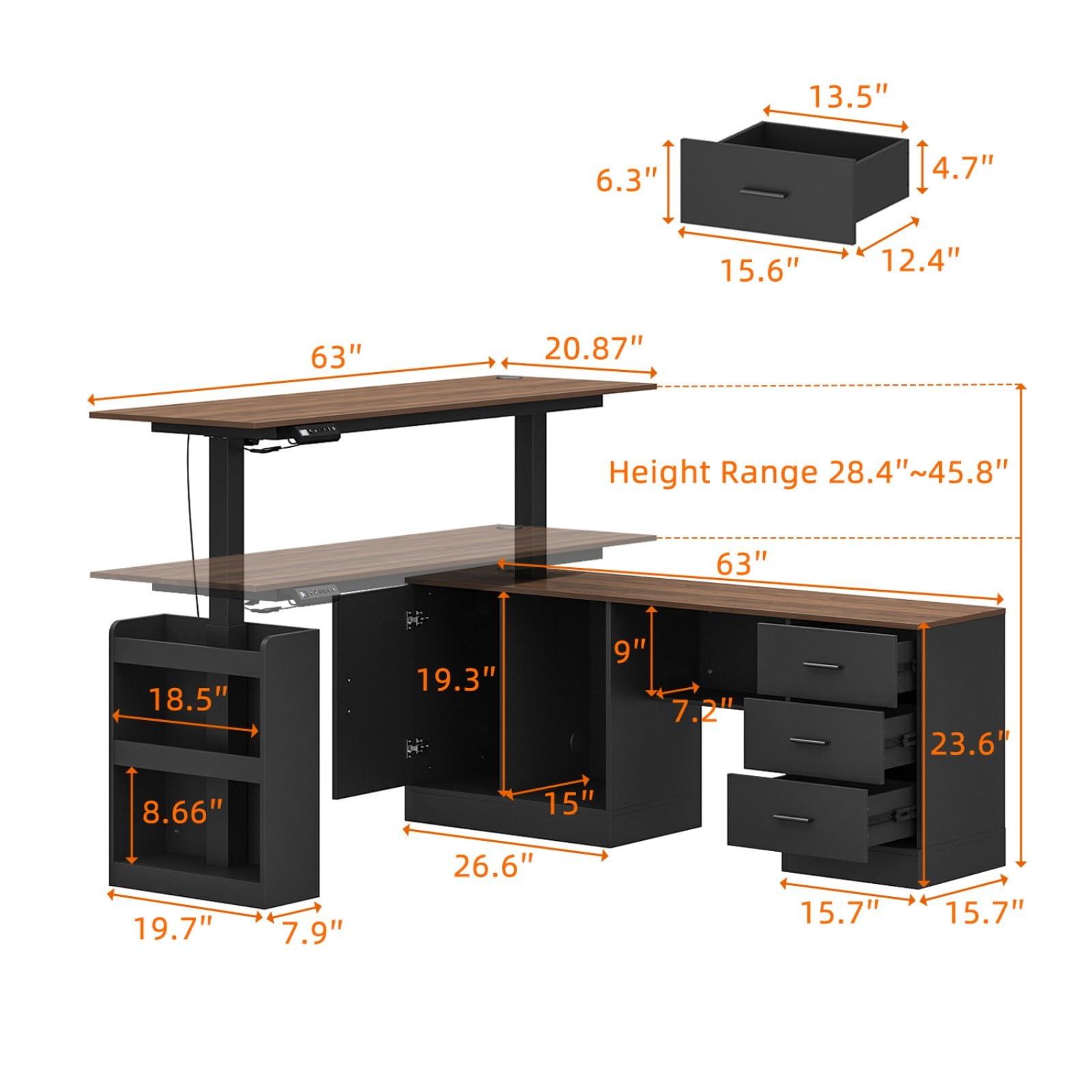 MOUMON Electric Standing Desk with Drawers and Shelves, Executive Adjustable Height Desk, L-Shaped Design, 63 inch Tabletop, for Office Deep Brown and Black (63”W x 63”D x 28.4-45.8”H) - Image 2