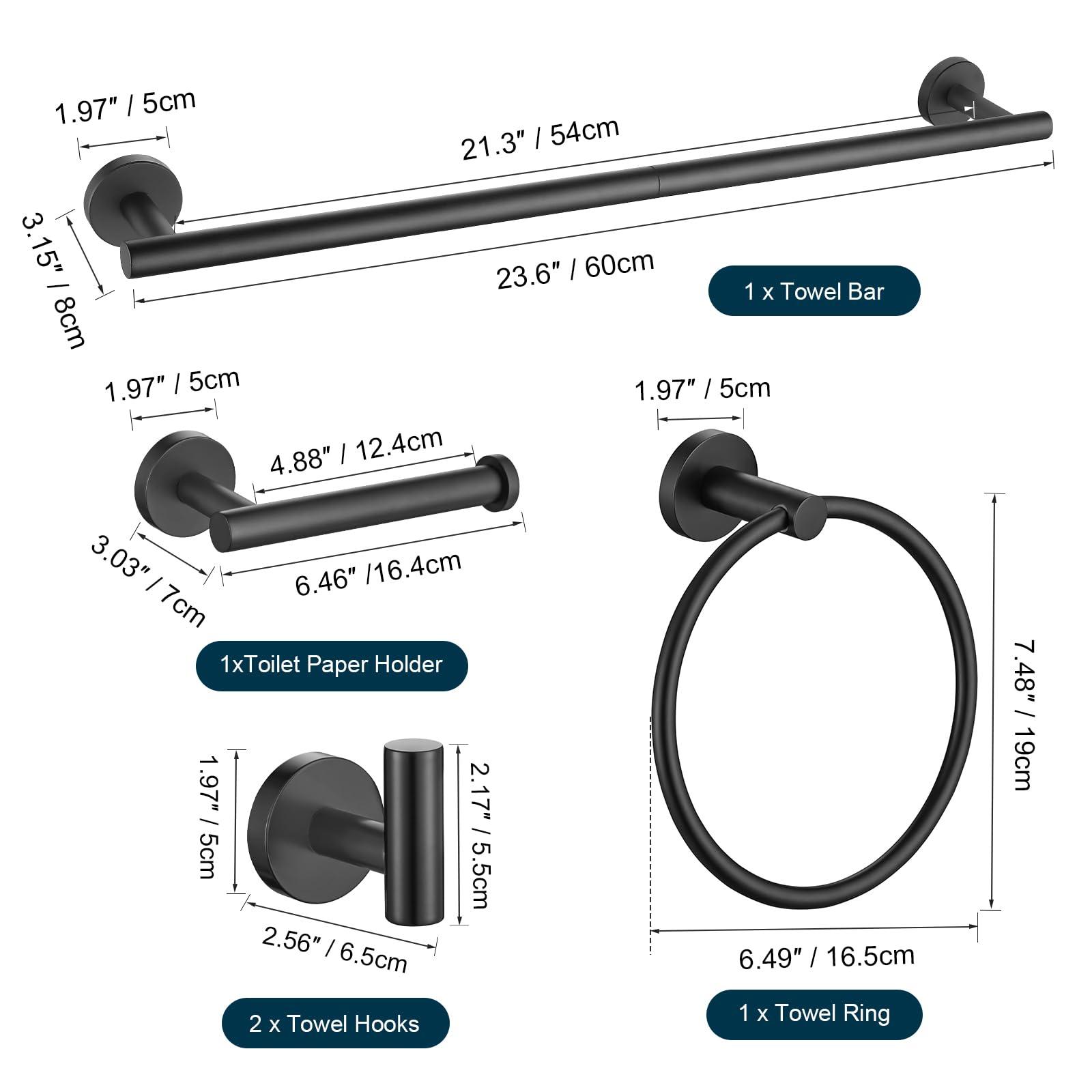 TURS Matte Black Bathroom Hardware Set 5 Piece, SUS304 Stainless Steel Bath Towel Bar Set, 24 Inch Bathroom Accessories Kit Wall Mounted - Image 3