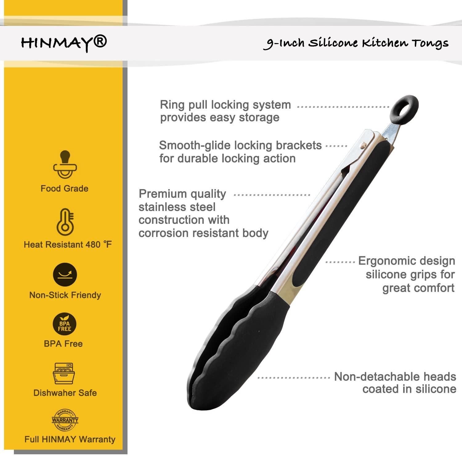 HINMAY Serving Tongs 9-Inch Cooking Tongs with Silicone Tips, Set of 3 (Black) - Image 2
