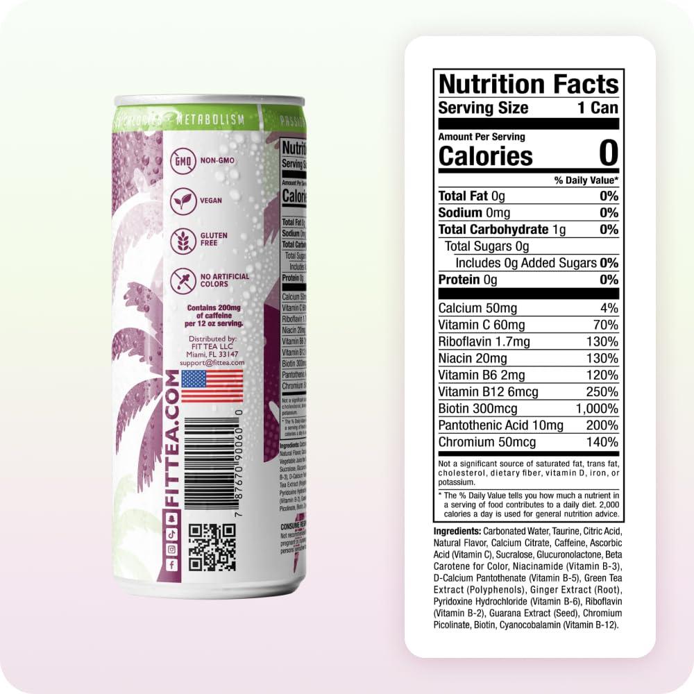 FitTea Healthy Energy Drink 12 Fl Oz - Passionfruit Melon Sparkling Refresher (12 Pack) Natural Green Tea Energy Drinks Sugar Free - Image 2