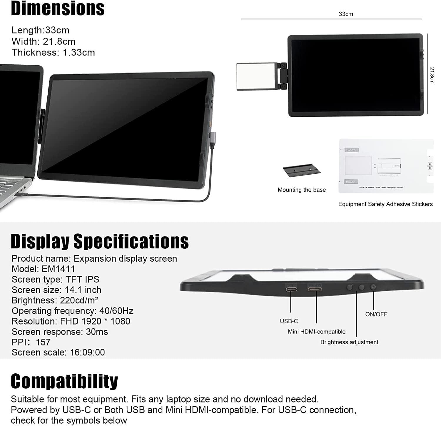 Laptop Screen Extender - 360° Rotatable Portable Monitor | 14.1" Foldable Laptop Monitor Extender with USB-C & Mini HDMI, Plug and Play for Mac, PC, and Android - Image 6