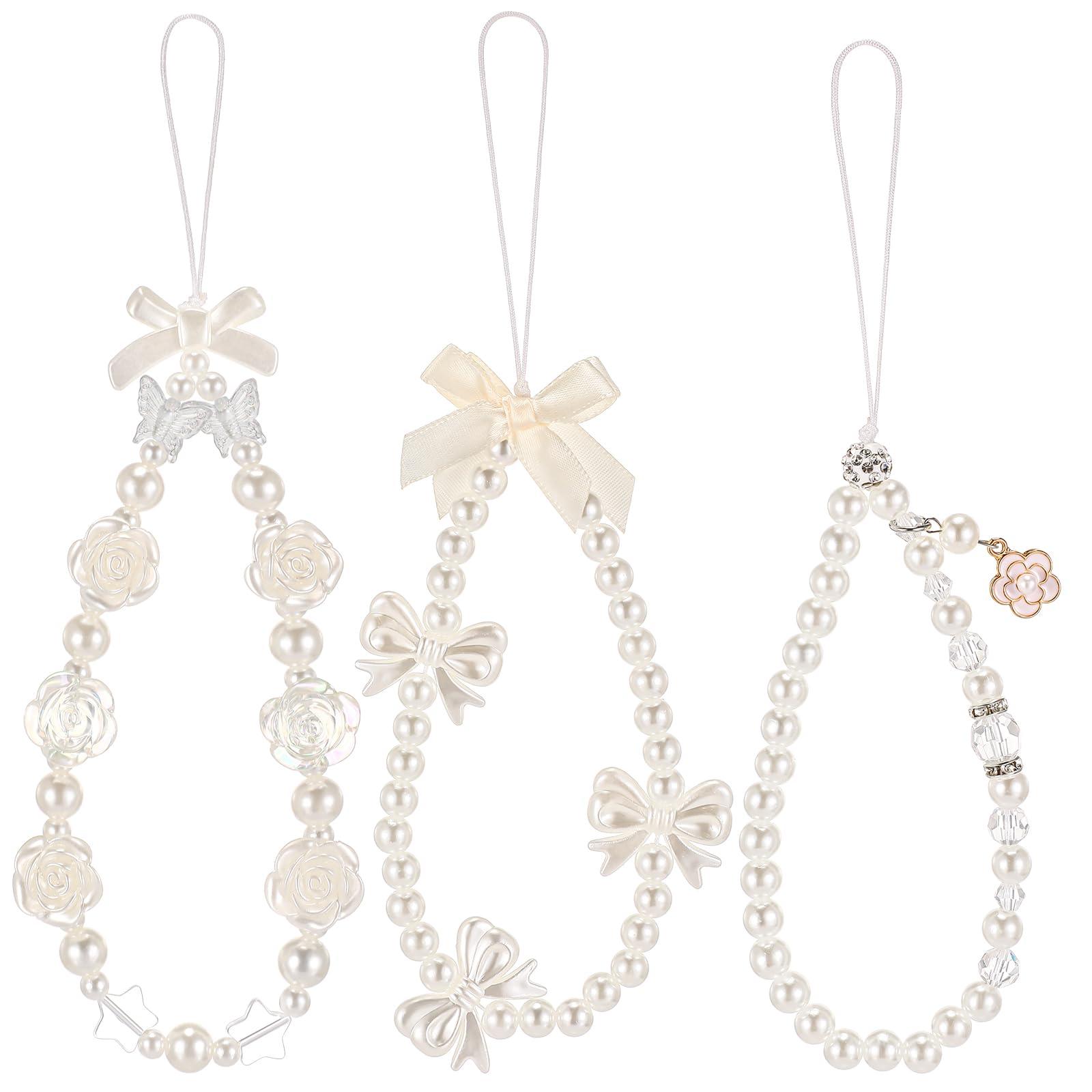 Ecally 3 Pcs Phone Wrist Strap Beaded Pearl Butterfly Cell Phone Charm Strap Cute Flower Y2k Lanyard for Camera Keychain Wallet Pendant Decor - Image 1