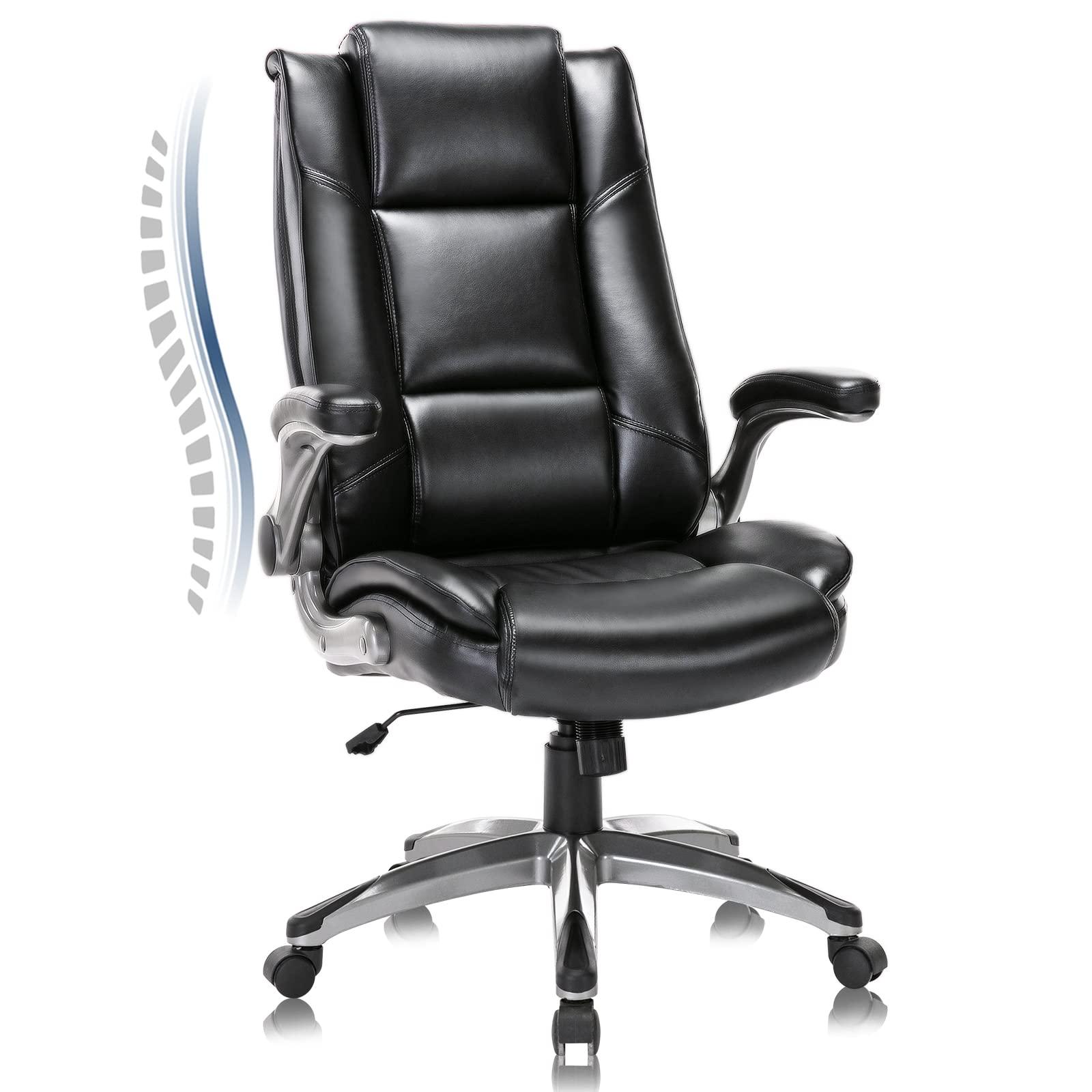 COLAMY Leather Executive Office Chair - High Back Home Computer Desk Chair with Padded Flip-up Arms, Adjustable Tilt Lock, Swivel Rolling Ergonomic Chair for Adult Working Study, Black