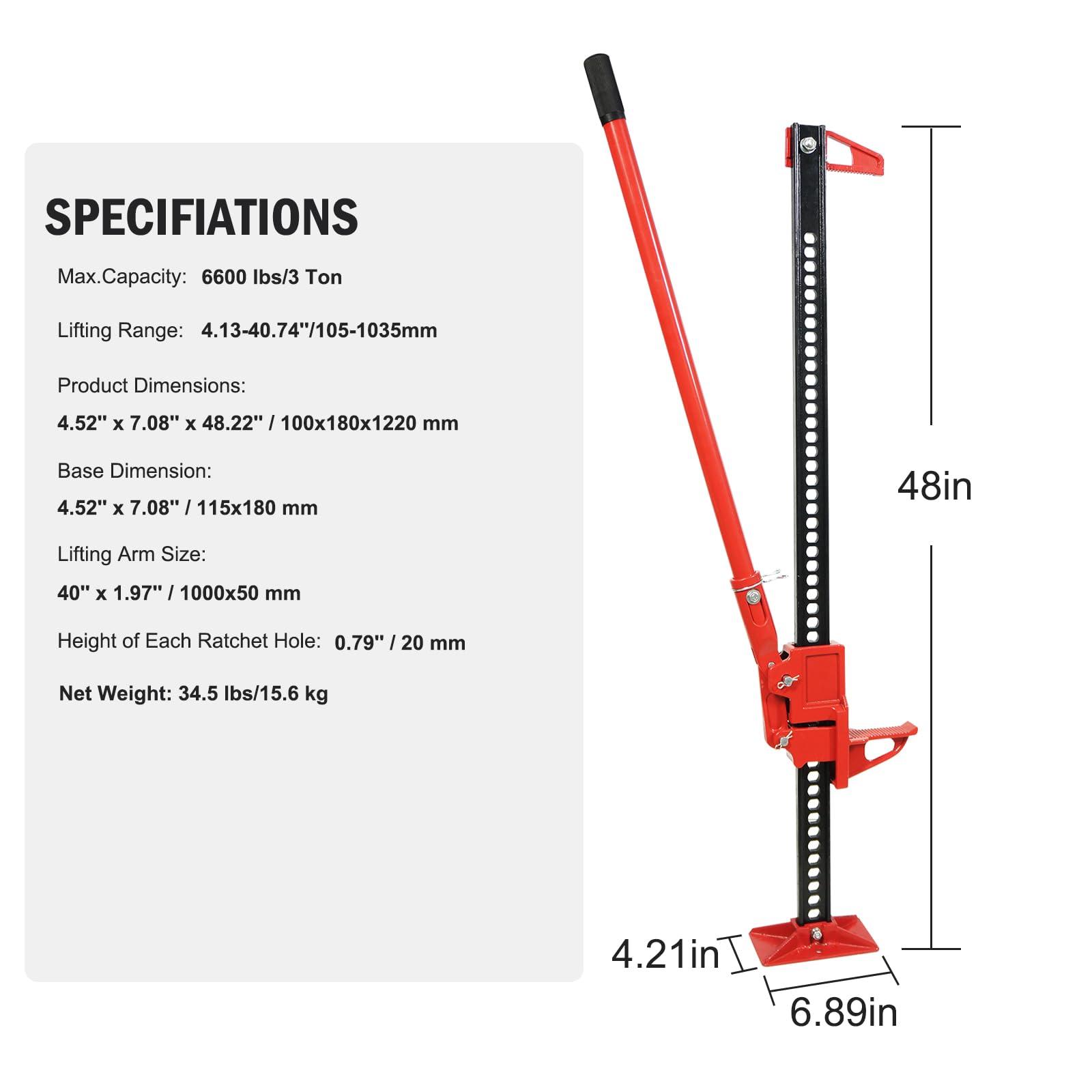 48" Ratcheting Off Road Utility Farm Jack, 3 Ton (6,600 Lb) Capacity Farm Jack Ideal for Car/Truck/ATV/SUV/Tractor - Image 2