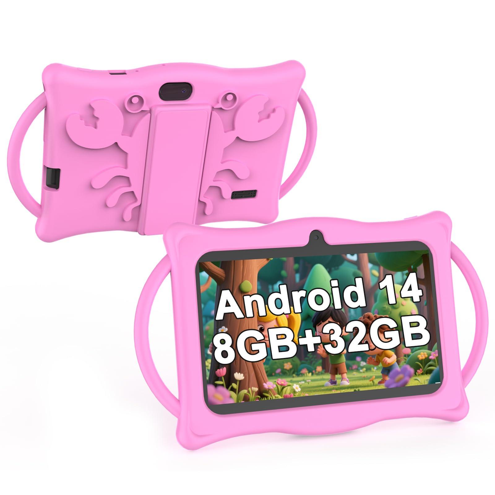 BYANDBY 2025 Kids Tablet, 7 inch Android 14 Tablet for Kids, 8GB+32GB ROM+1TB Expand Quad-Core Toddler with Shockproof Case, BT, WiFi, Parental Control, Dual Camera, Games (Pink)